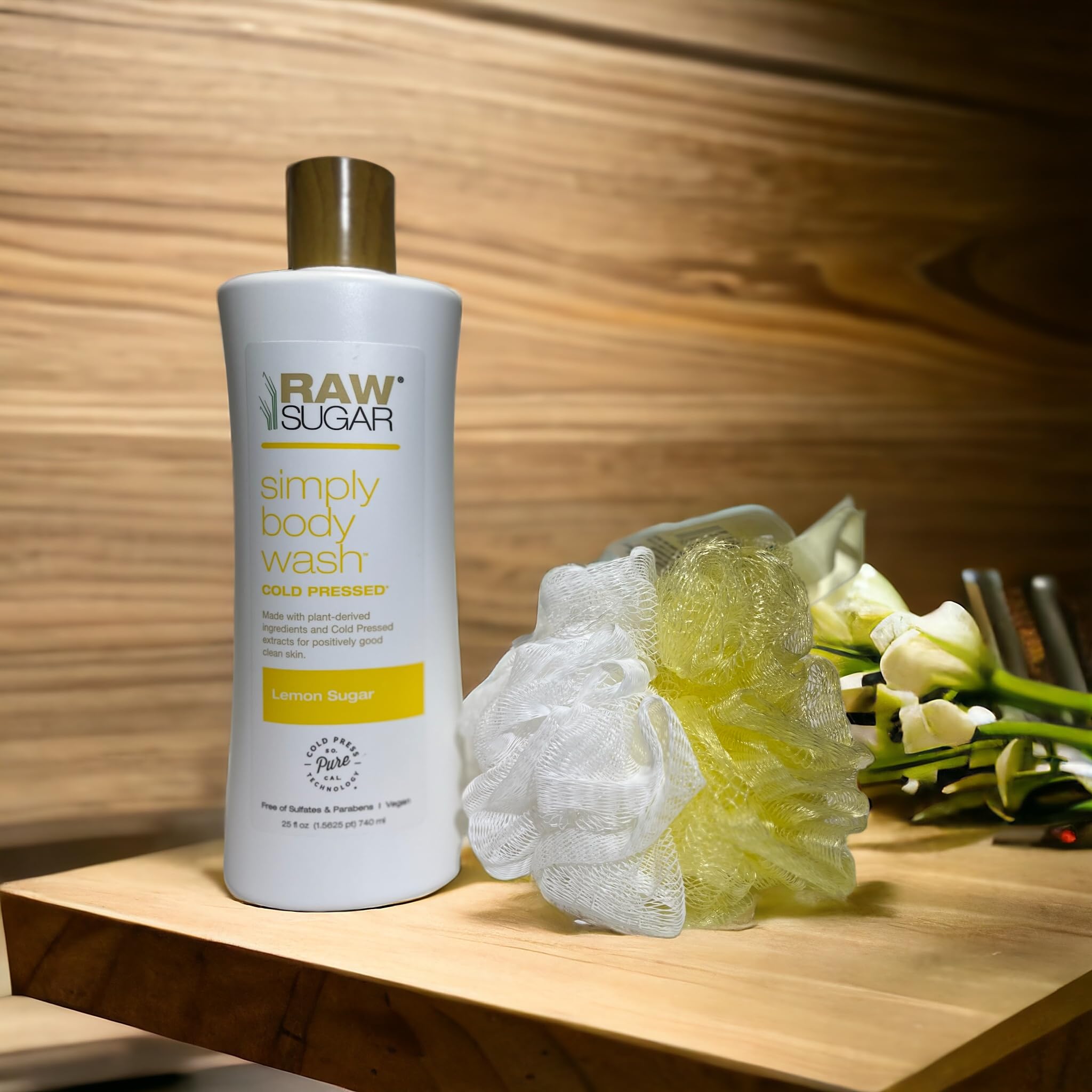 Raw Sugar Lemon Sugar Body Wash Bundle - 25 oz. Body Wash + Matching Loofah | Refreshing Citrus Shower Gel for Dry Skin | Perfect for Morning Showers & Spa Days