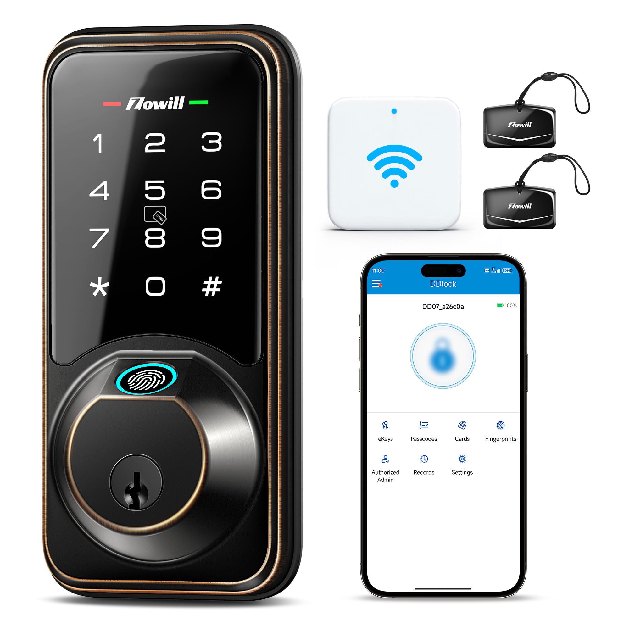 Zowill DK07G WiFi Smart Lock - 7-in-1 Fingerprint Door Lock with APP & Voice Control, Touchscreen Keyless Entry for Front Door, Works with Alexa, Ekey Sharing & Auto Lock | Smart Home Security for Apartments, Houses & Vacation Rentals