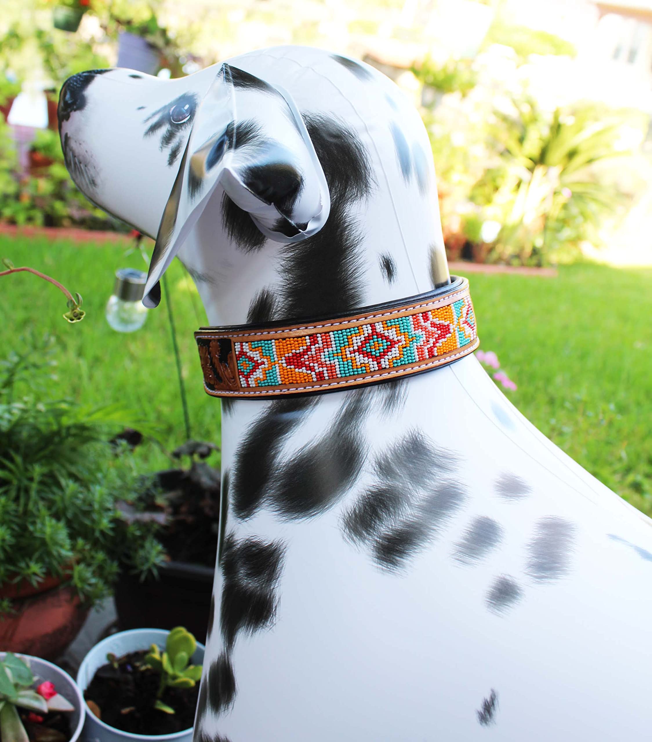 Hand-Tooled Beaded Padded Leather Dog Collar - Premium Adjustable Pet Collar for Small & Medium Dogs - Durable & Stylish for Daily Walks, Training & Outdoor Adventures