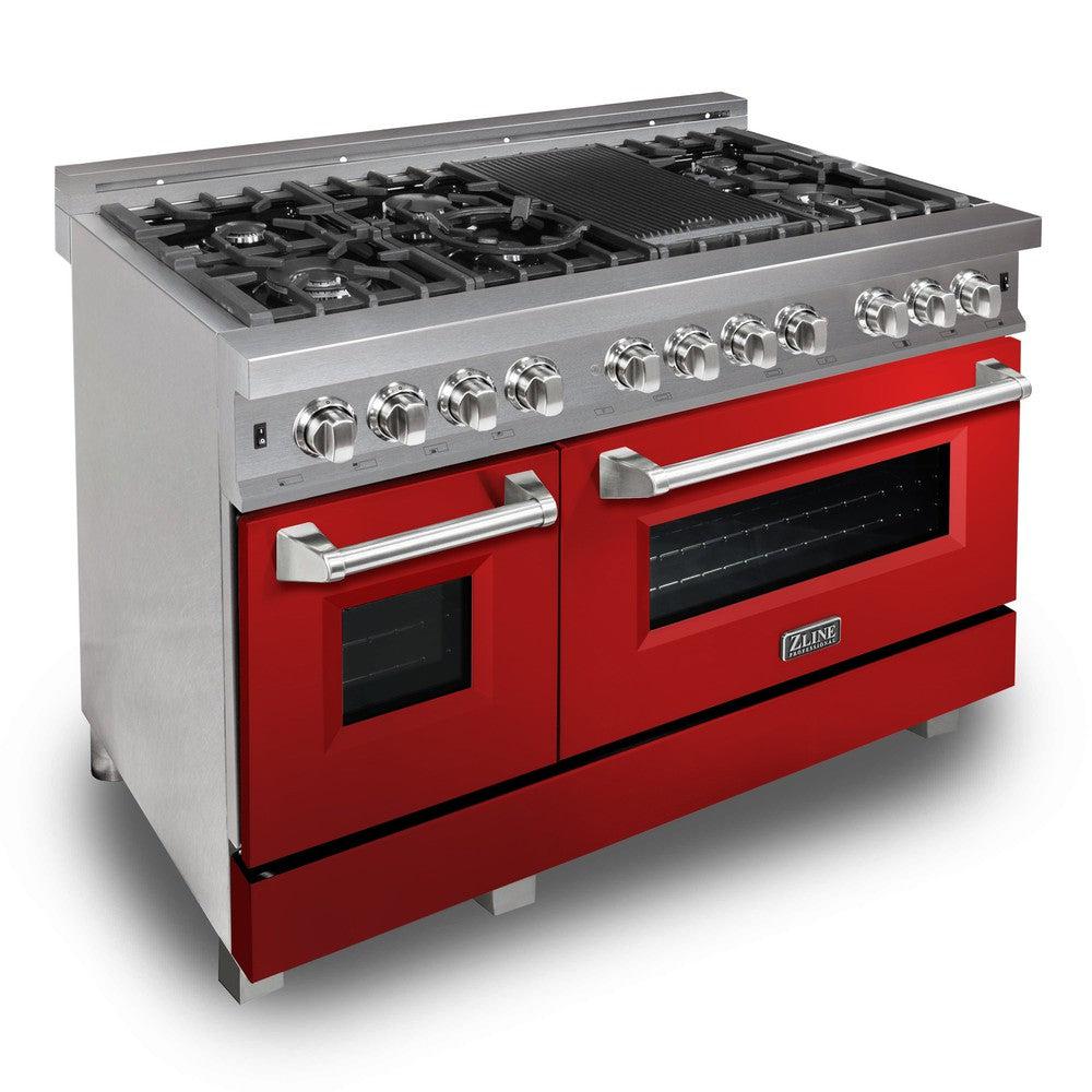 ZLINE 48-Inch 6.0 cu.ft Dual Fuel Range with 7-Burner Gas Cooktop & 2 Electric Ovens - Satin Stainless Steel & Red Gloss Doors (RAS RG 48) | Professional Kitchen Appliance for Home Chefs & Cooking Enthusiasts | Perfect for Baking, Roasting & Large Family Meals