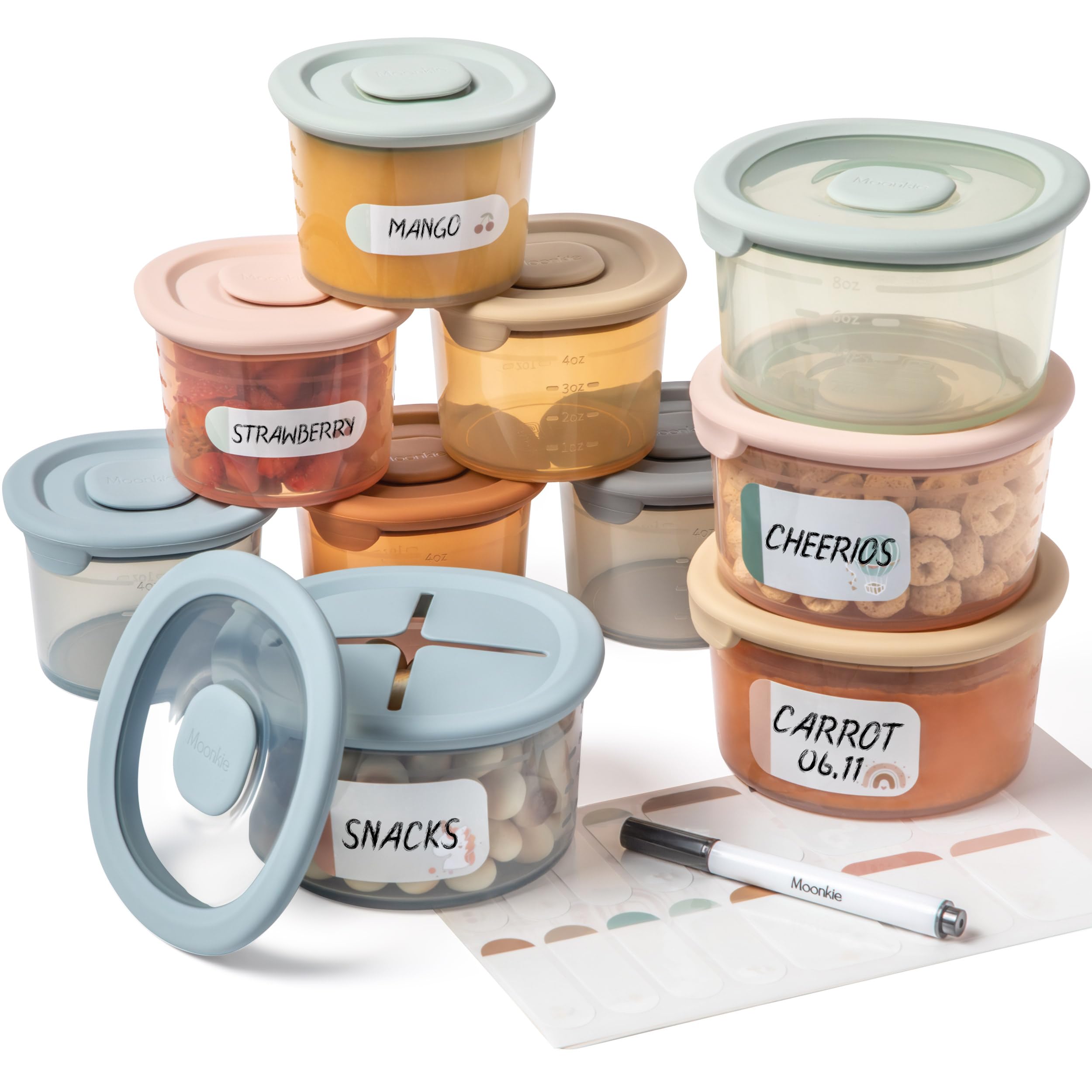 Moonkie Silicone Baby Food Storage Containers - 8oz & 4oz Airtight Baby Food Jars with Snack Cup Lids | Freezer, Microwave & Dishwasher Safe | Reusable Infant & Toddler Food Containers | Perfect for Homemade Purees, Snacks On-The-Go & Meal Prep