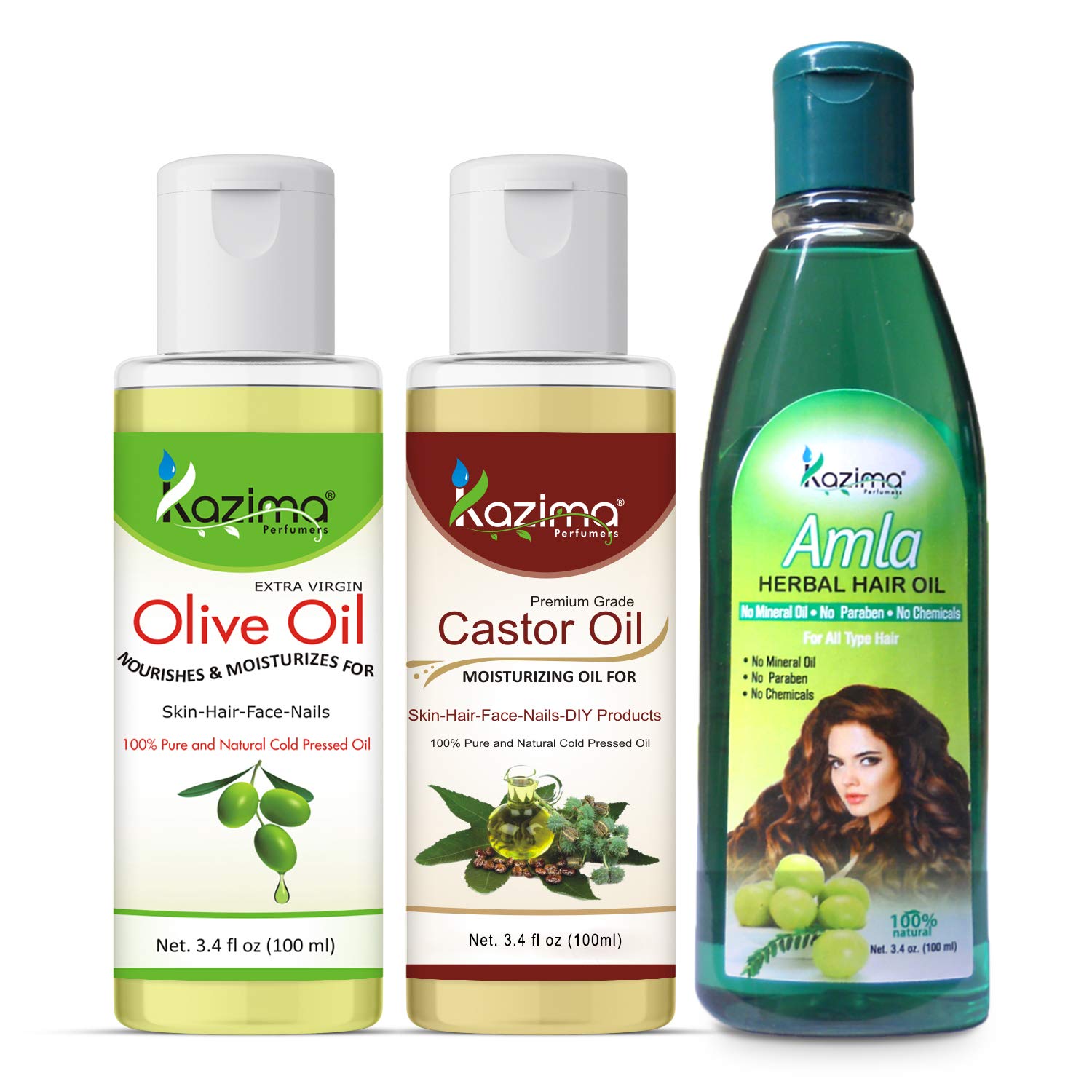 KAZIMA Olive Oil, Castor Oil & Amla Herbal Hair Oil Combo - 3 x 100ml for Hair Growth, Skin Moisturizing & Body Care | Natural Treatment for Dry Scalp, Split Ends & Healthy Glow | Perfect for Daily Hair & Skin Routine