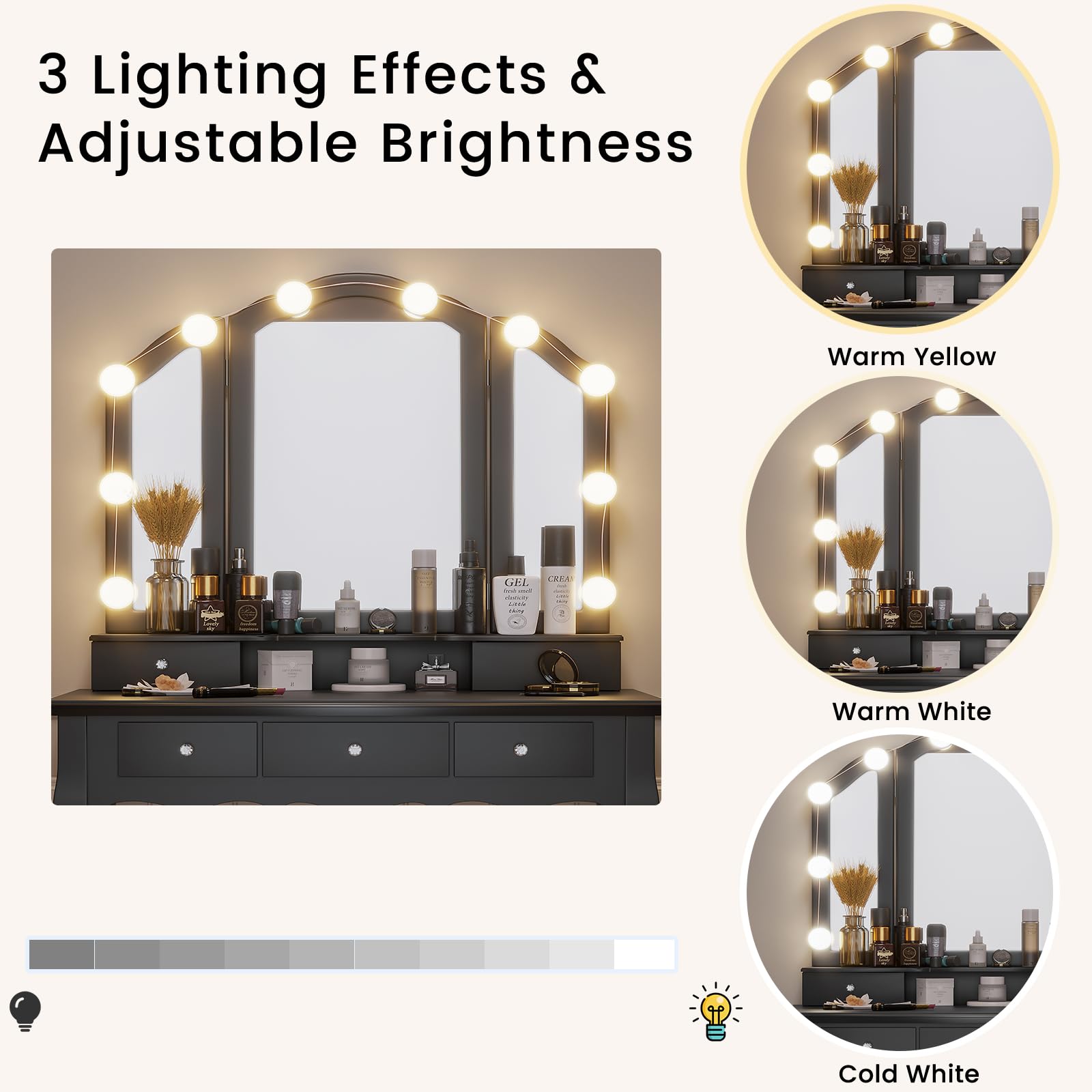 Tiptiper Vanity Desk with Lighted Tri-Fold Mirror & Stool - 5 Drawers Makeup Vanity Set, 3 Light Settings & Adjustable Brightness, Black - Perfect for Bedroom, Dressing Room & Beauty Salon Makeup Application