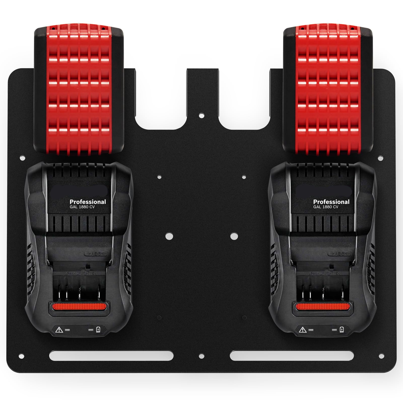 Heavy Duty Wall Mount Bracket for Bosch GAL 1880 CV & GAL 18V-20 Charger - Metal Black Tool Organizer with 4 Battery Slots & 3 Charger Holders - Perfect for Garage, Workshop & Tool Storage Organization