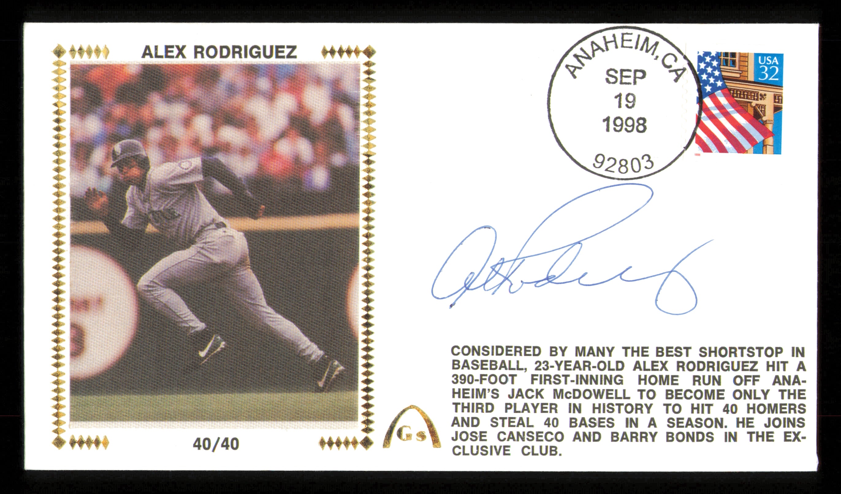 Alex Rodriguez Autographed 1998 First Day Cover Seattle Mariners - Rare Baseball Memorabilia for Collectors & Fans - Perfect for Display in Home, Office, or Sports Memorabilia Collections