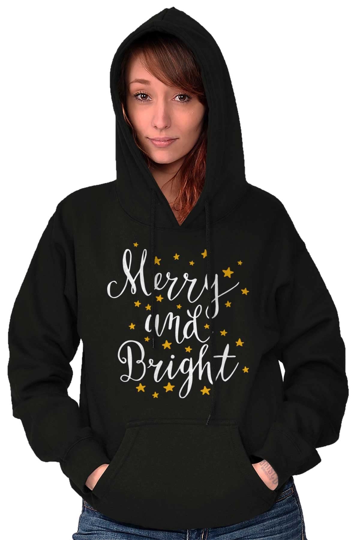 Christmas Merry and Bright Star Hoodie Sweatshirt for Women - Cozy Holiday Pullover with Festive Design - Perfect for Winter Parties, Gift Exchanges & Seasonal Photoshoots