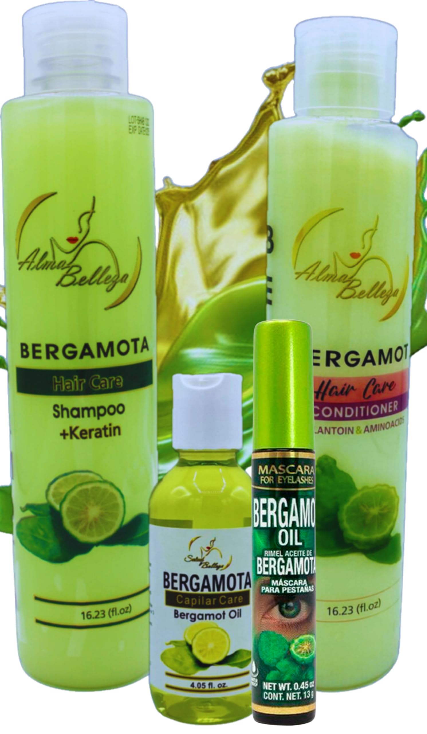 Bergamot Shampoo with Keratin & Bergamot Conditioner with Allantoin & Amino Acids - 16.23oz Each | Bergamot Essential Oil 4.05 fl oz | Mascara 13g - Premium Hair & Eyelash Care Kit by Alma Belleza | For Dry, Damaged Hair & Voluminous Lashes | Salon-Quality Home Hair Treatment