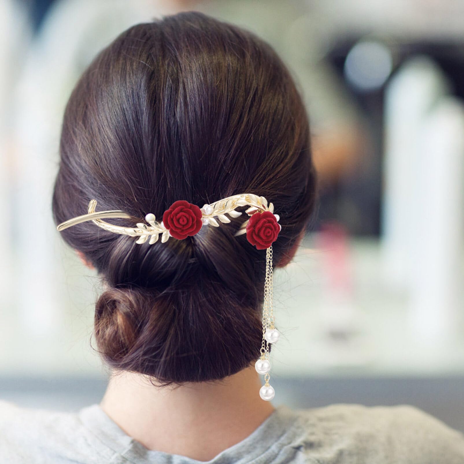 FRCOLOR Floral Hair Clips for Women - Rose Flower Hair Claw Clips with Leaves for Thick Hair, Alloy Japanese Style Hair Clamps - Perfect for Boho, Wedding, and Everyday Hairstyles