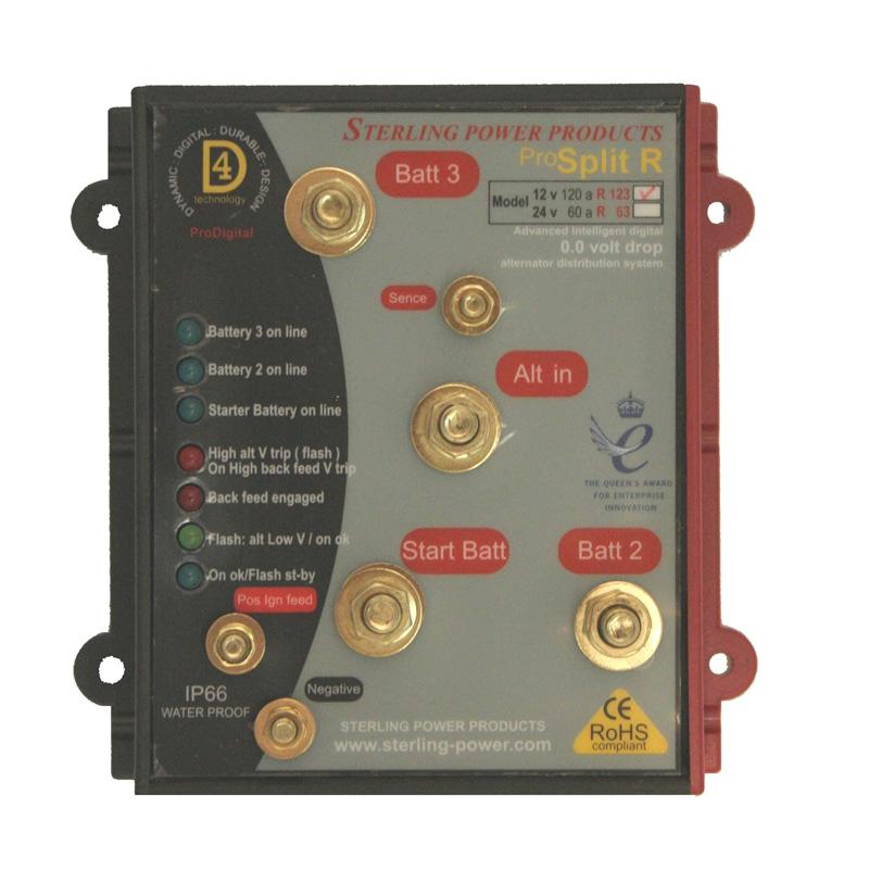 Sterling Power ProSplit R Zero Volt Drop Marine Battery Isolator - 12V 120A 3 Output for Boats, RVs & Off-Grid Power Systems - Reliable Dual Battery Charging Solution