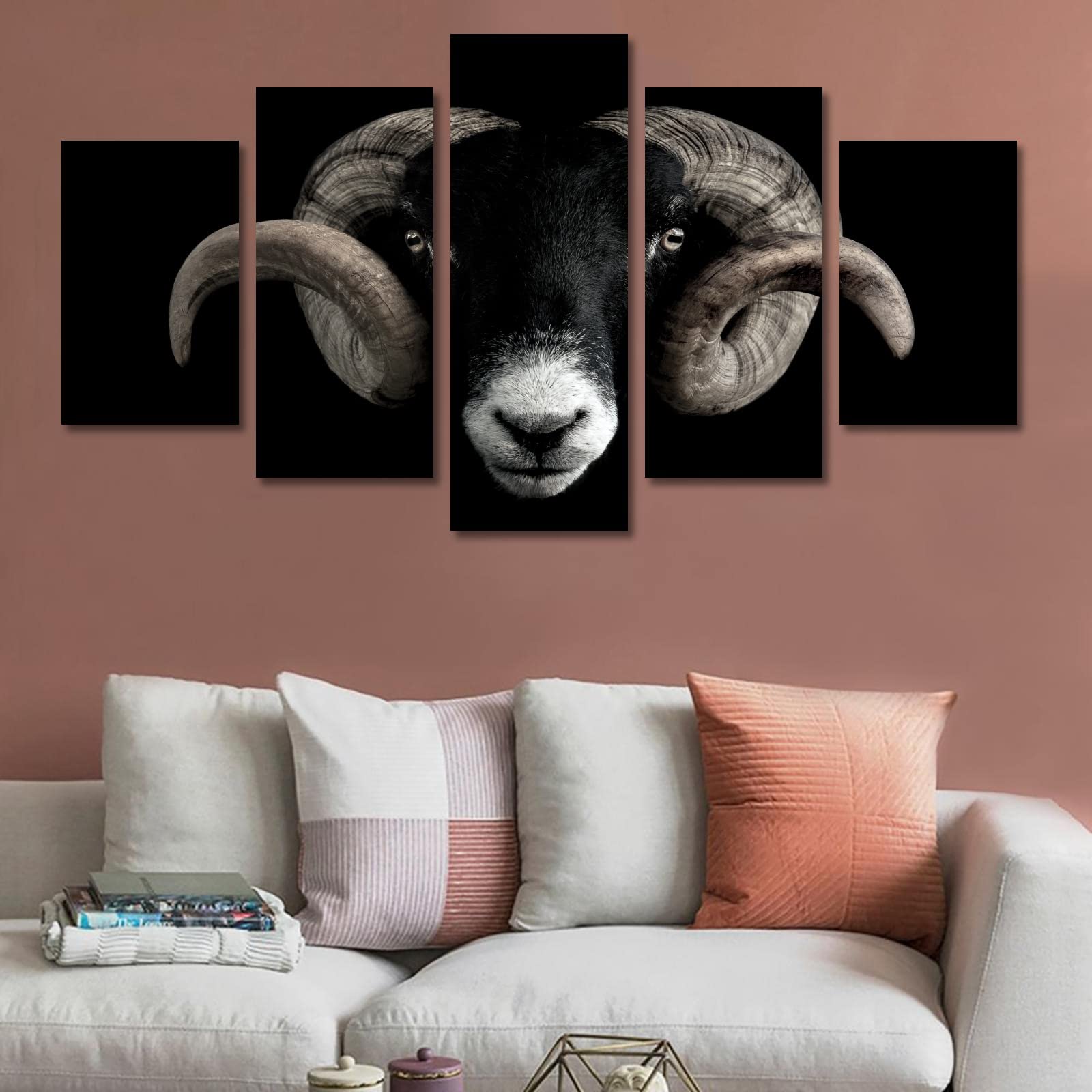 5-Piece Canvas Wall Art Set - Sheep & Goat Paintings, Framed 40x22 Inches, Large Living Room Decor - Perfect for Farmhouse, Rustic & Modern Home Interiors