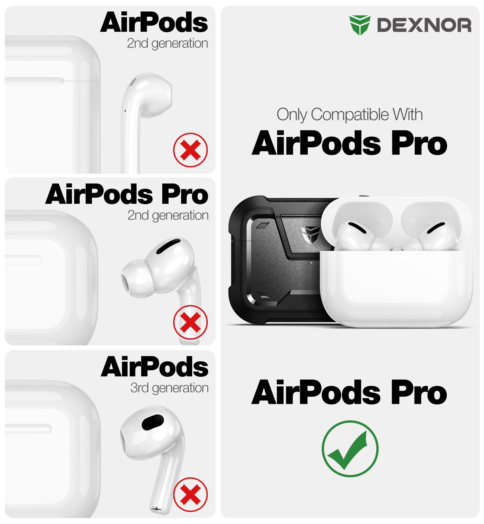 Dexnor Shockproof Rugged Earphone Case for AirPods Pro 2019 - Secure Lock & Carabiner Clip Full Body Bumper Cover - Perfect for Outdoor Sports, Travel, and Daily Protection