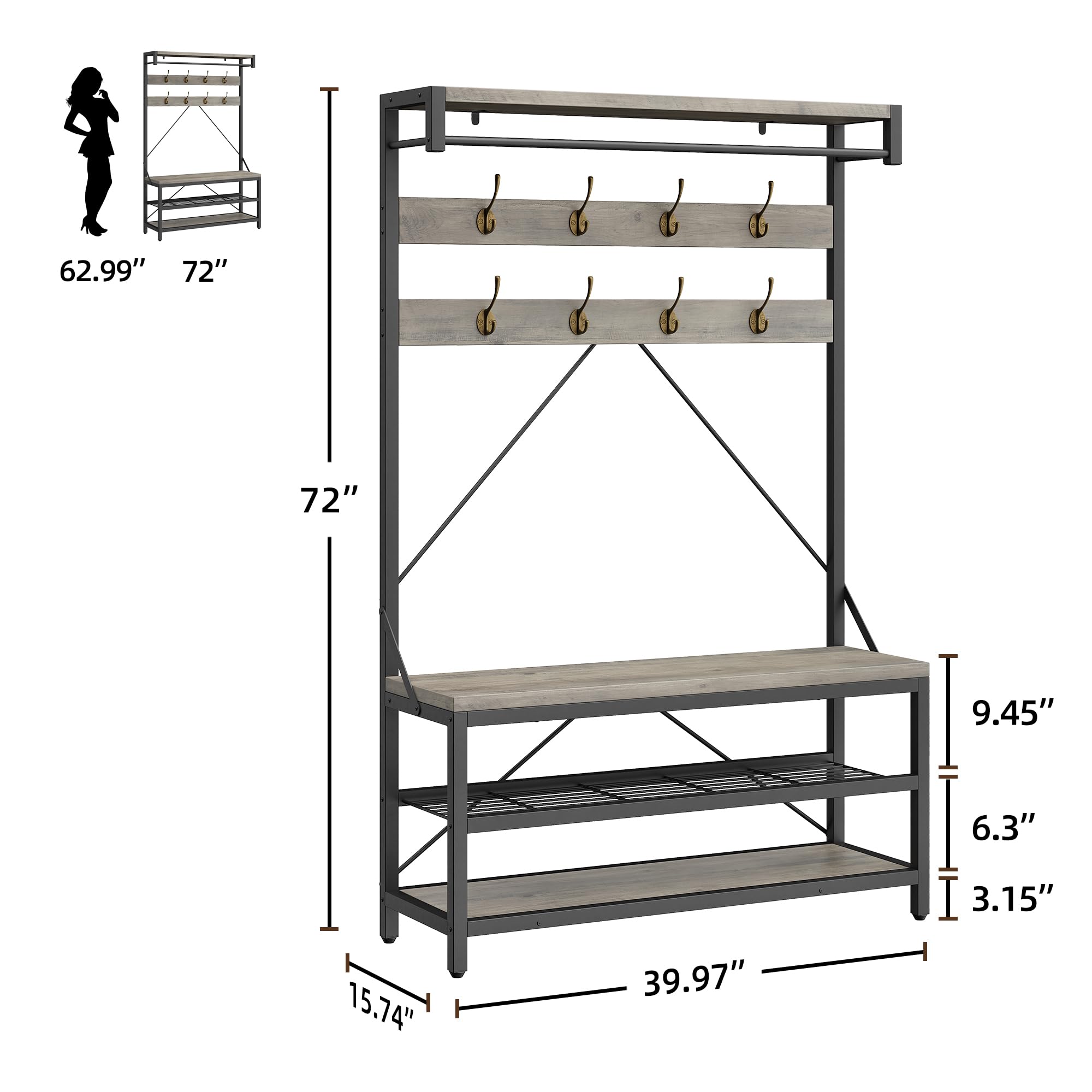 Industrial Coat Rack Shoe Bench with 8 Hooks & Storage Shelf - 39.9