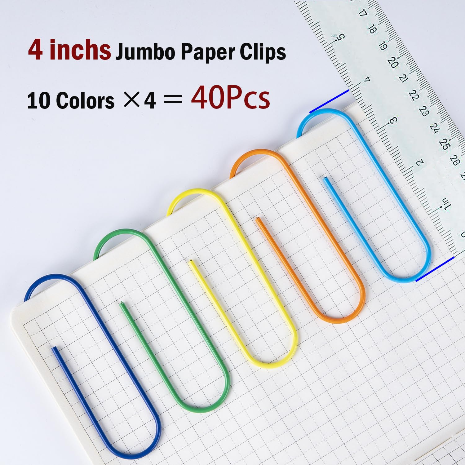 Jumbo Paper Clips 40-Pack - 4 Inch Large Vinyl Coated Paperclip Set in Multicolors for Office, School & Document Organization | Perfect for Bulk Filing, Craft Projects & Heavy Duty Paperwork