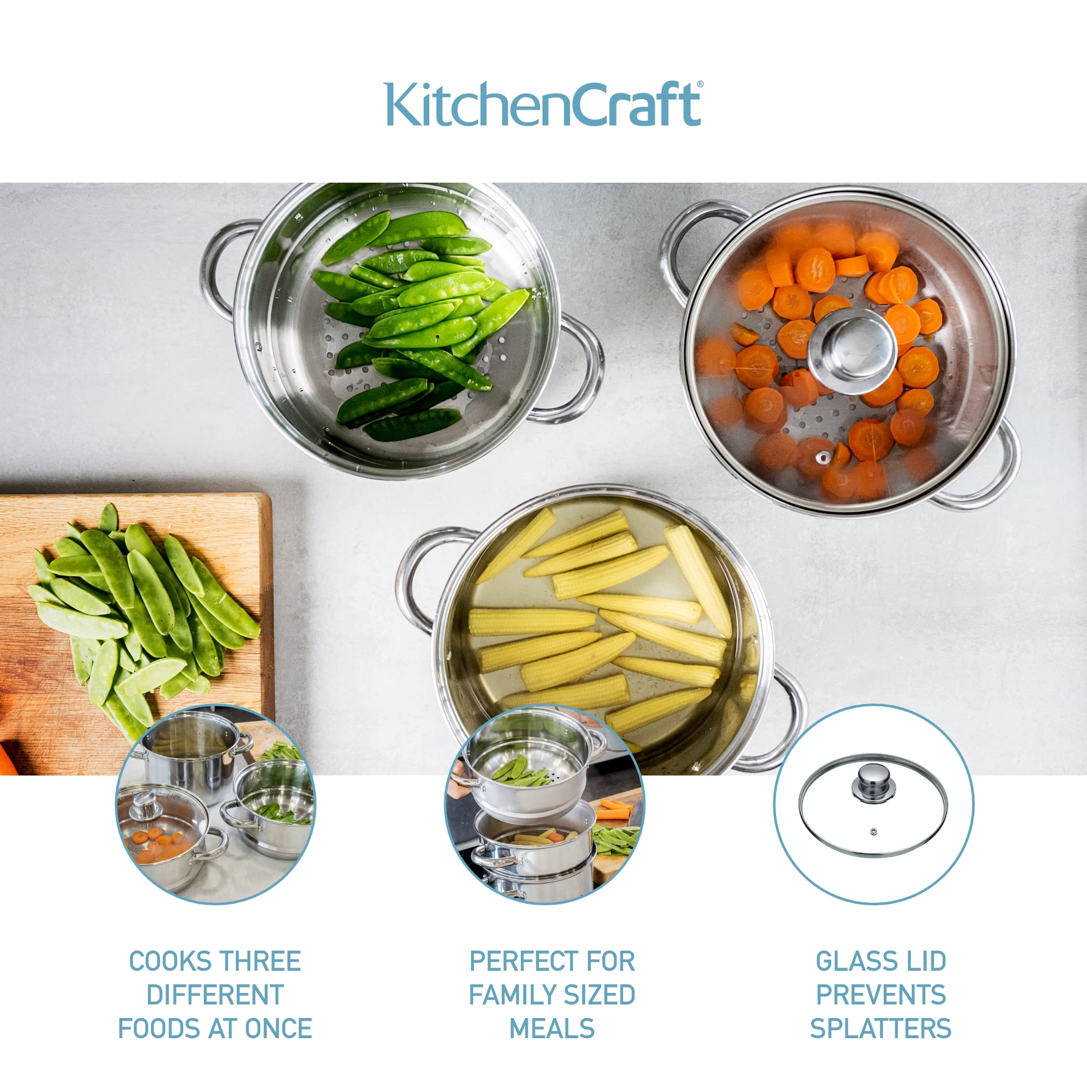 KitchenCraft 3-Tier Stainless Steel Food Steamer Pot with Lid - 22cm/8.5 Inch Silver Cooking Pan for Vegetables, Dumplings & Seafood - Perfect for Healthy Meal Prep, Asian Cuisine & Family Dinners