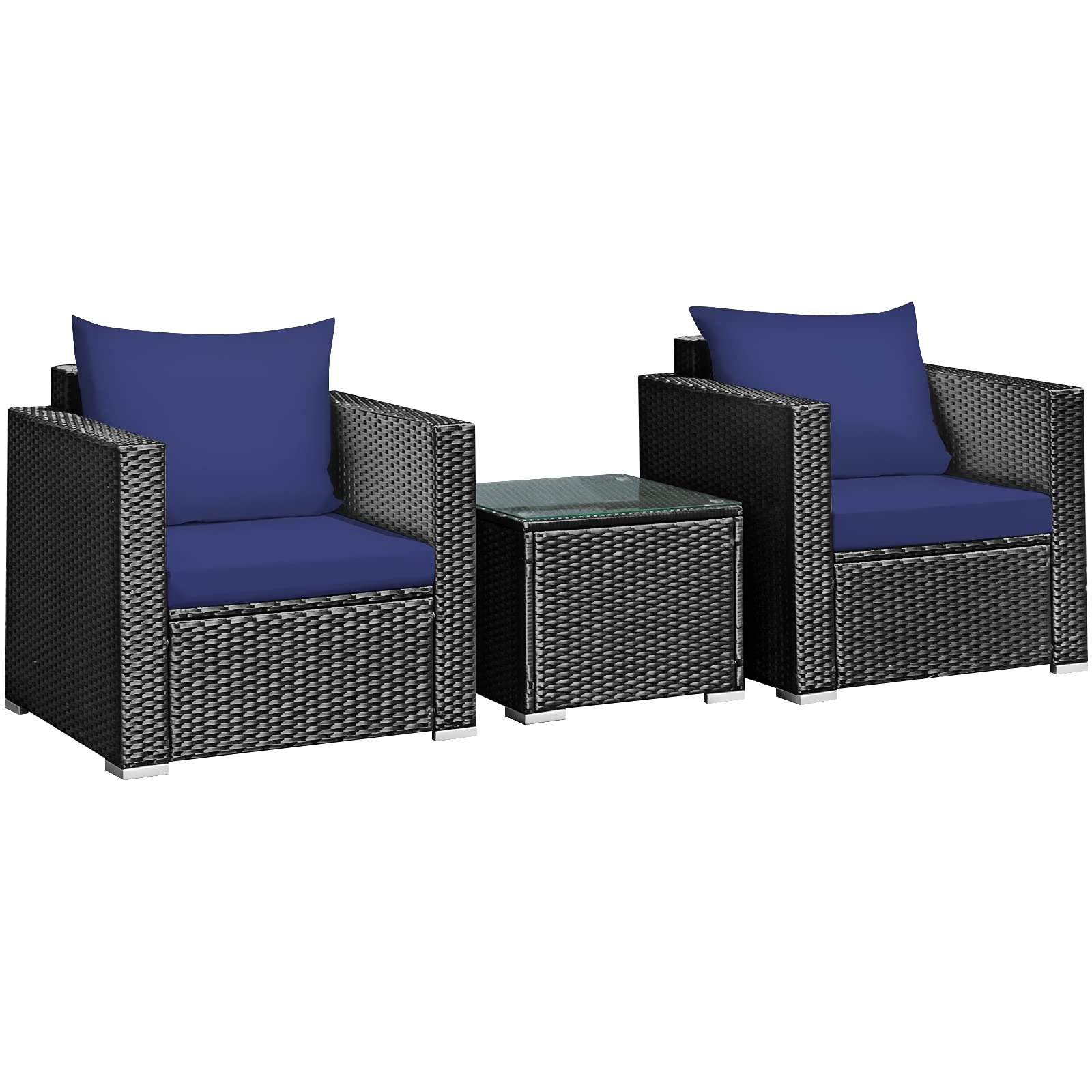 **Tangkula 3-Piece Patio Furniture Set - PE Rattan Wicker Sofa with Washable Cushions & Tempered Glass Table, Outdoor Conversation Set for Garden, Poolside, Patio, and Backyard (Navy Blue)**