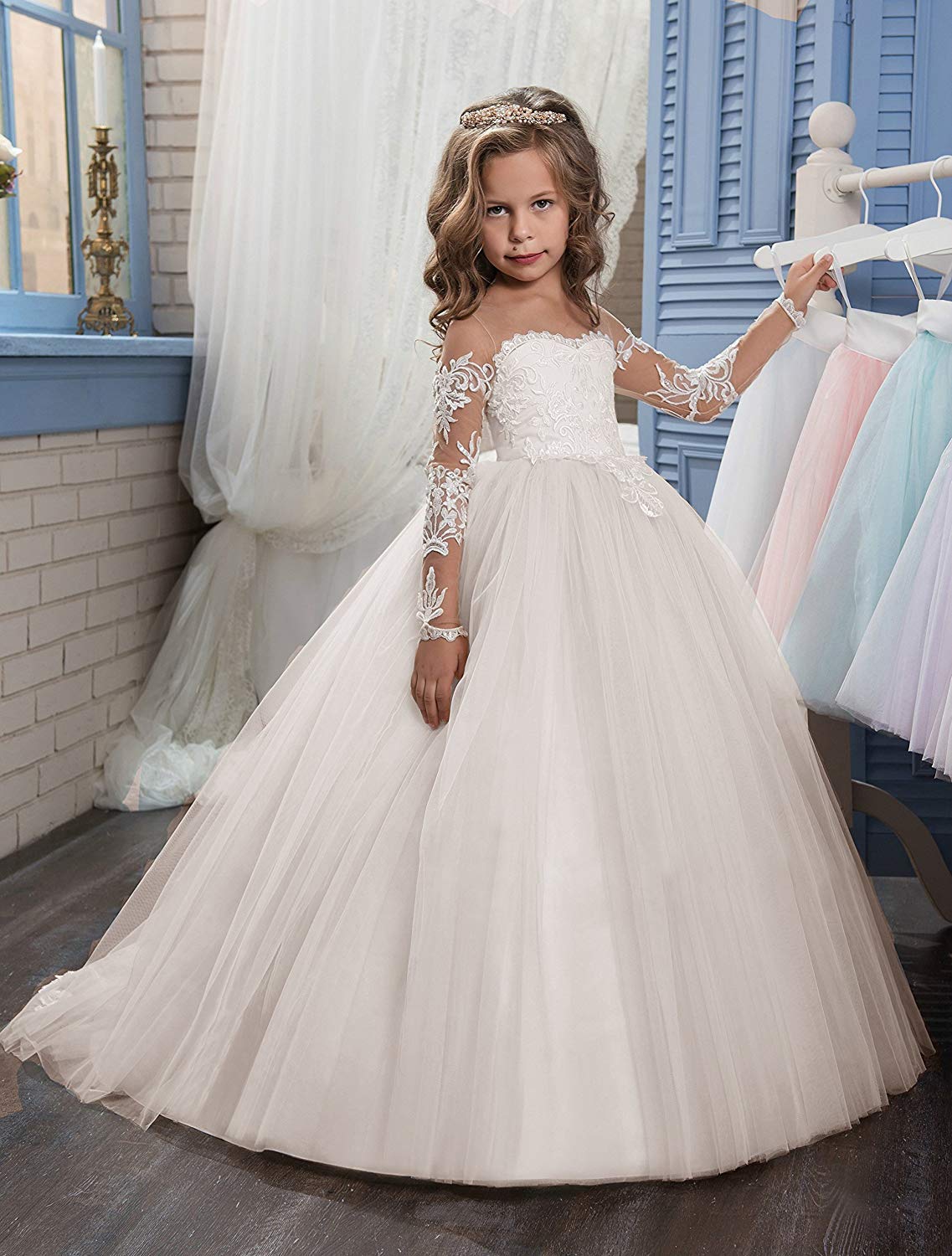 Lace Embroidery Sheer Long Sleeve Flower Girl Dresses for Kids - Elegant Baptism, First Communion & Wedding Party Attire