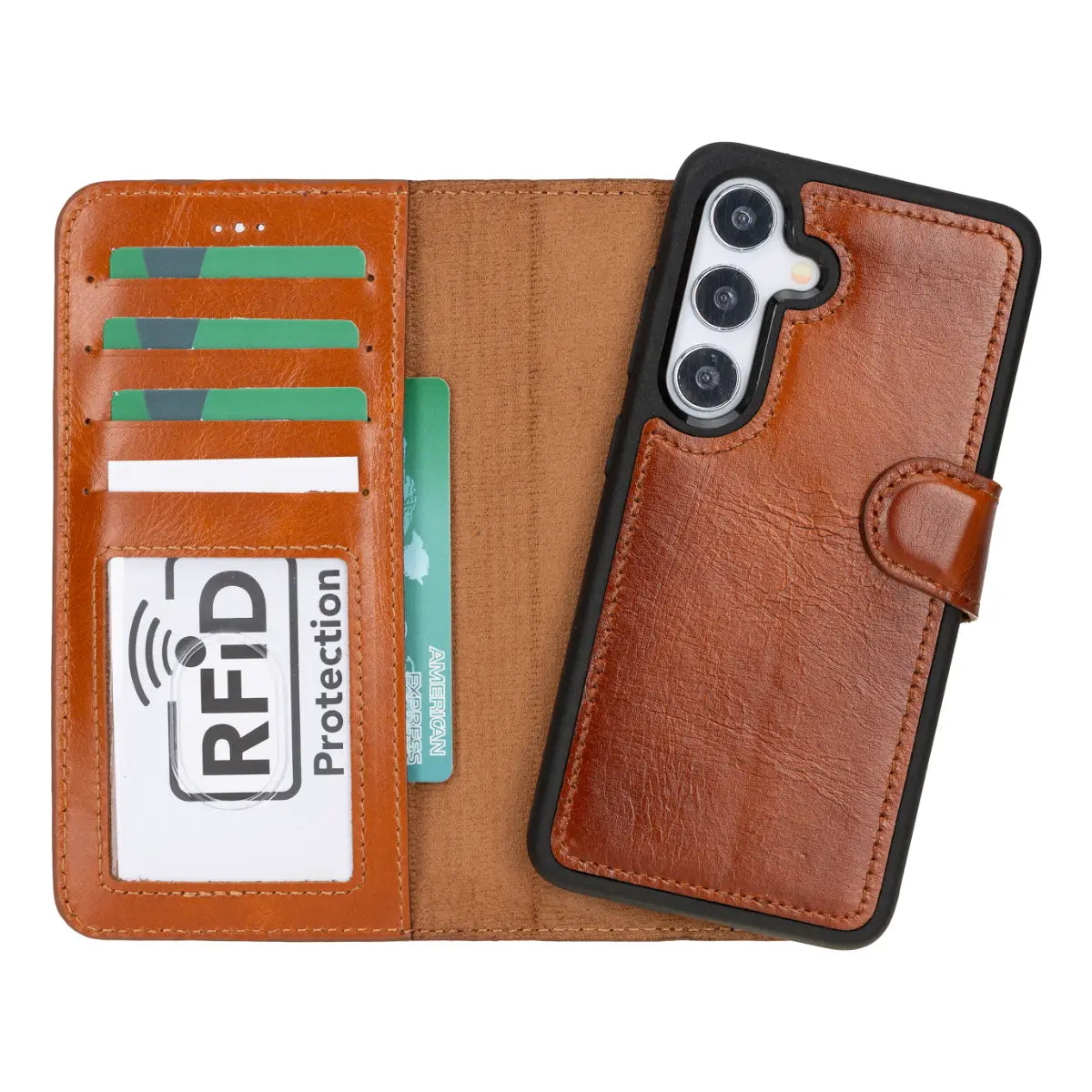 Premium Burnished Tan Magnetic Leather Wallet Case for Samsung Galaxy S25 - Slim Protective Cover with Card Slots | Perfect for Business, Travel & Everyday Use