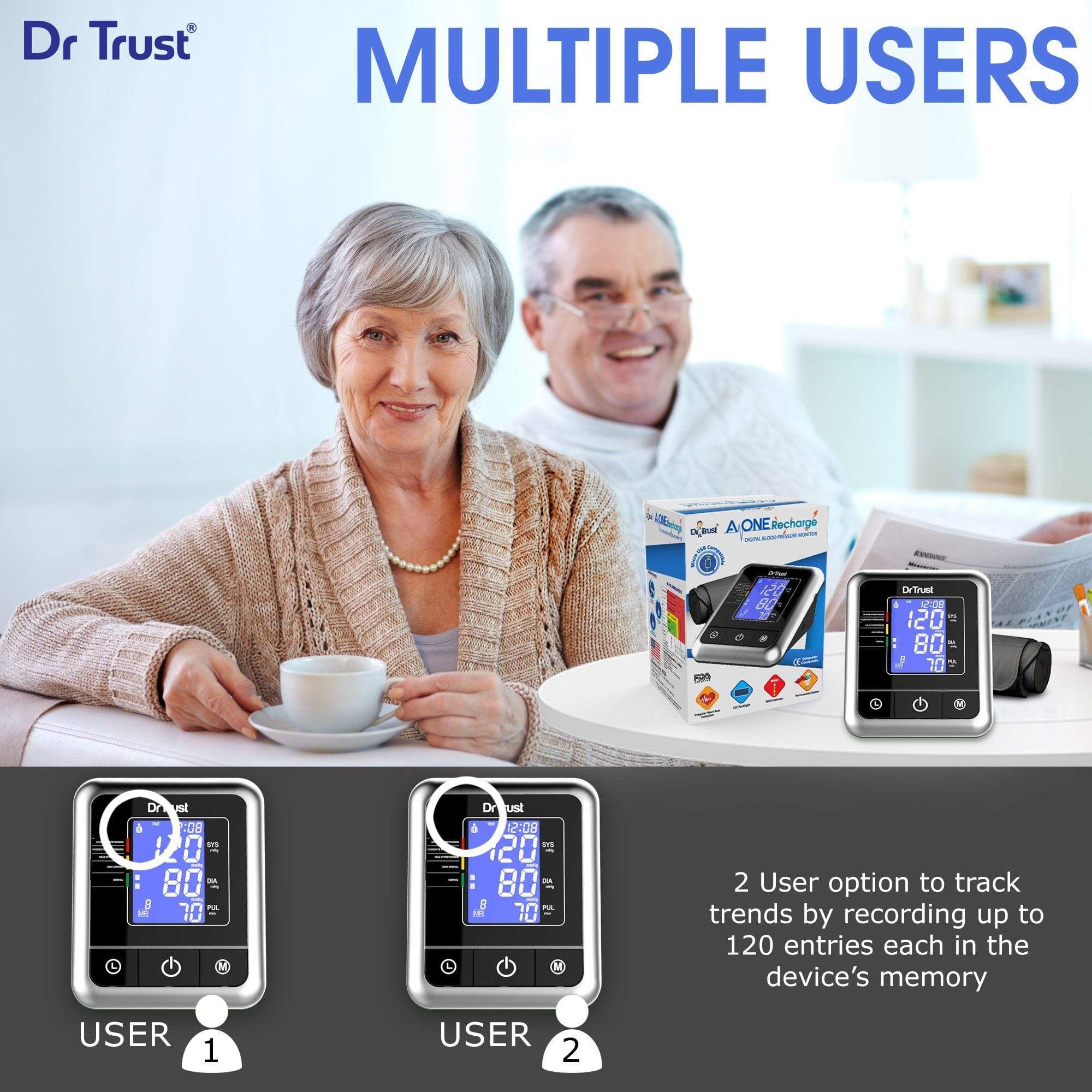 Dr Trust USA Rechargeable Digital Blood Pressure Monitor - Accurate Upper Arm Cuff for Home Use, Heart Health Tracking & Fitness Monitoring