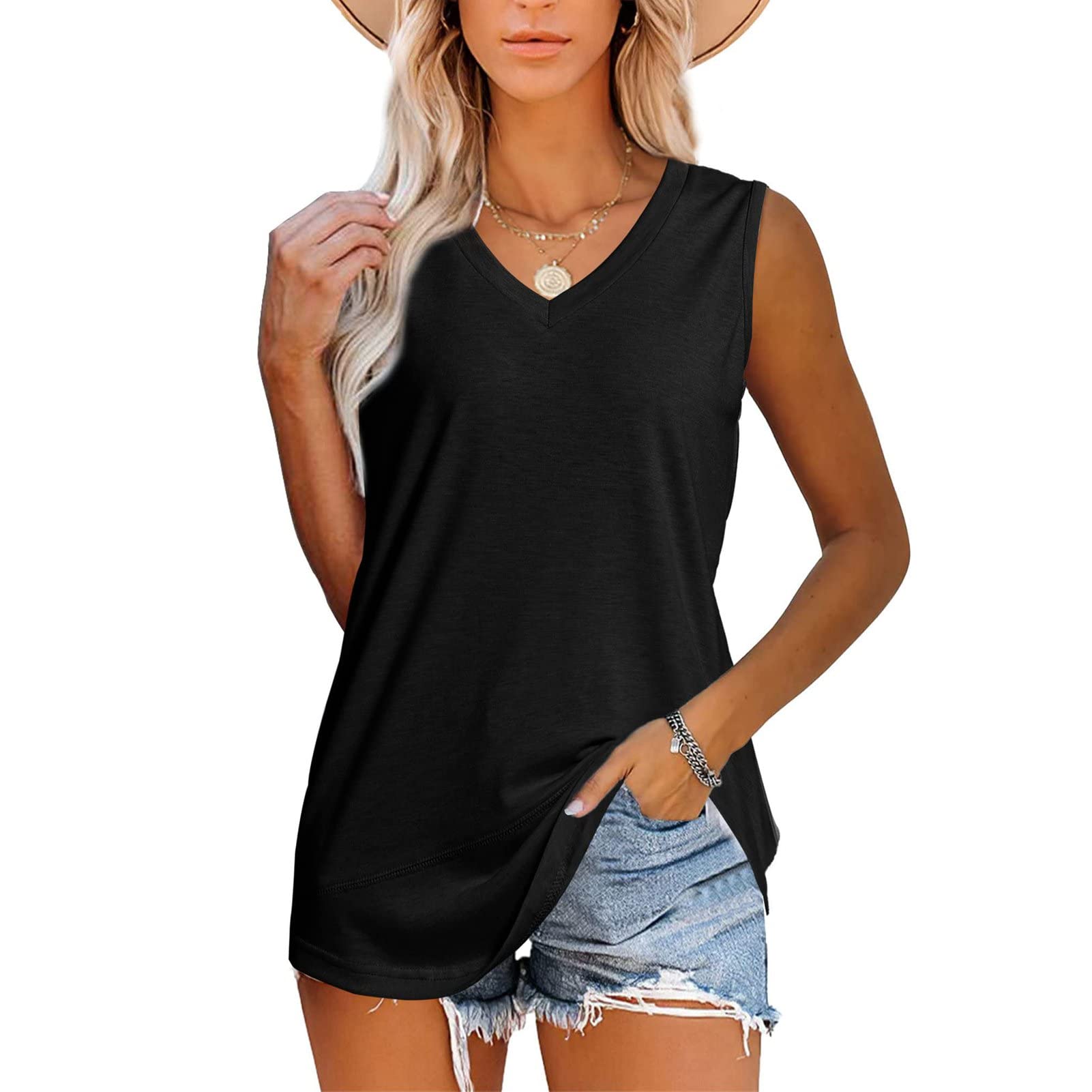 Pissente Women's Loose V-Neck Tank Tops - Basic Solid Color Casual Sleeveless Blouse for Summer | Beachwear, Yoga, Lounge & Everyday Comfort
