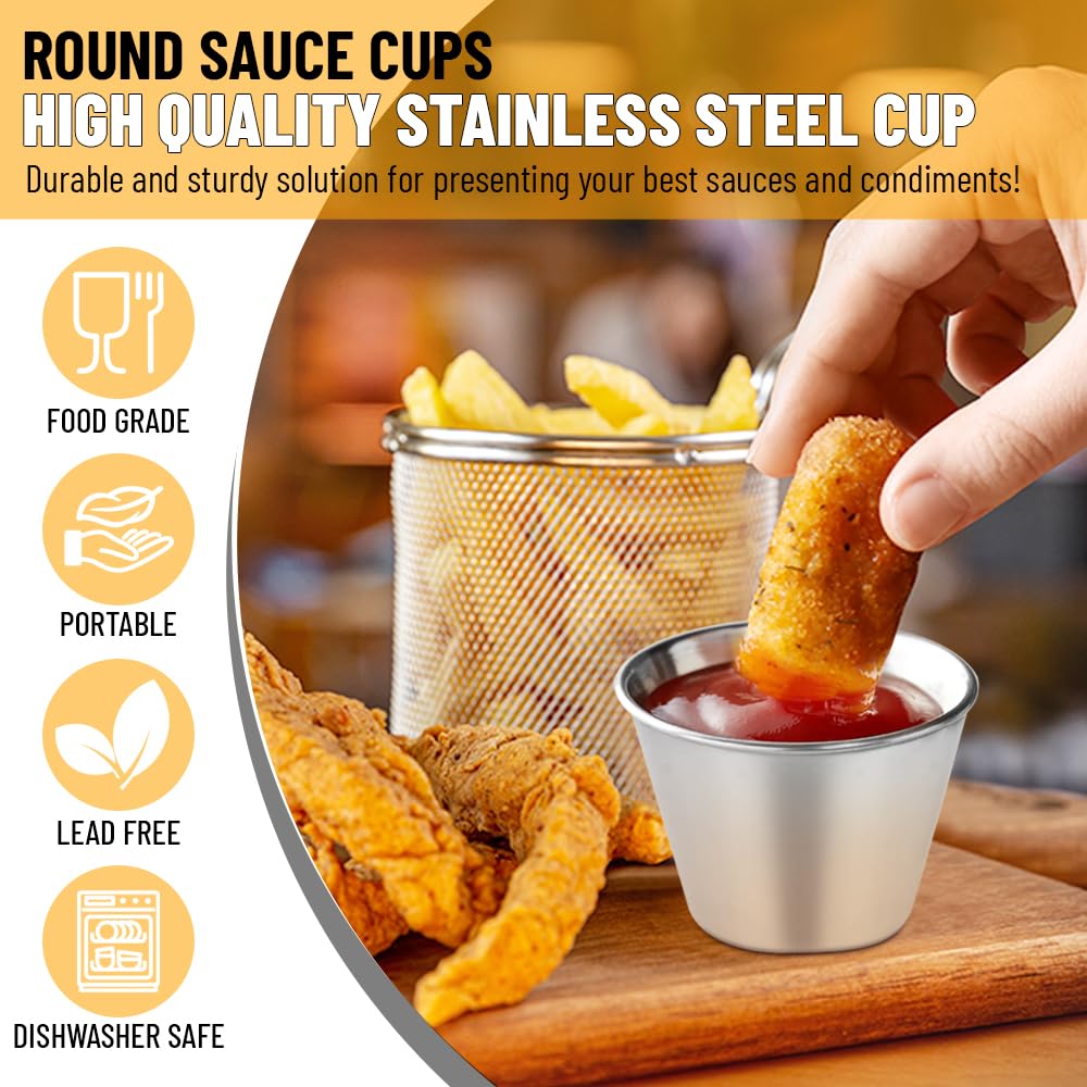 GLOBAL BASICS 12-Pack Stainless Steel Condiment Cups - 1.5 oz Round Sauce Bowls for Ketchup, Mustard & Dip - Dishwasher Safe & Rustproof - Perfect for Restaurants, BBQs, Parties & Home Use