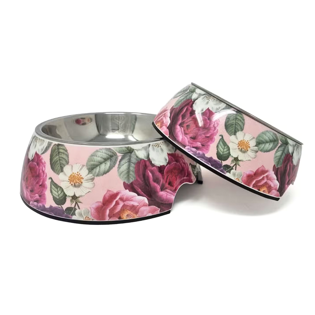Pink Floral Dog Bowl Set - 3 Sizes (Small, Medium, Large) for Puppies & Adult Dogs - Perfect for Indoor, Outdoor & Travel Use