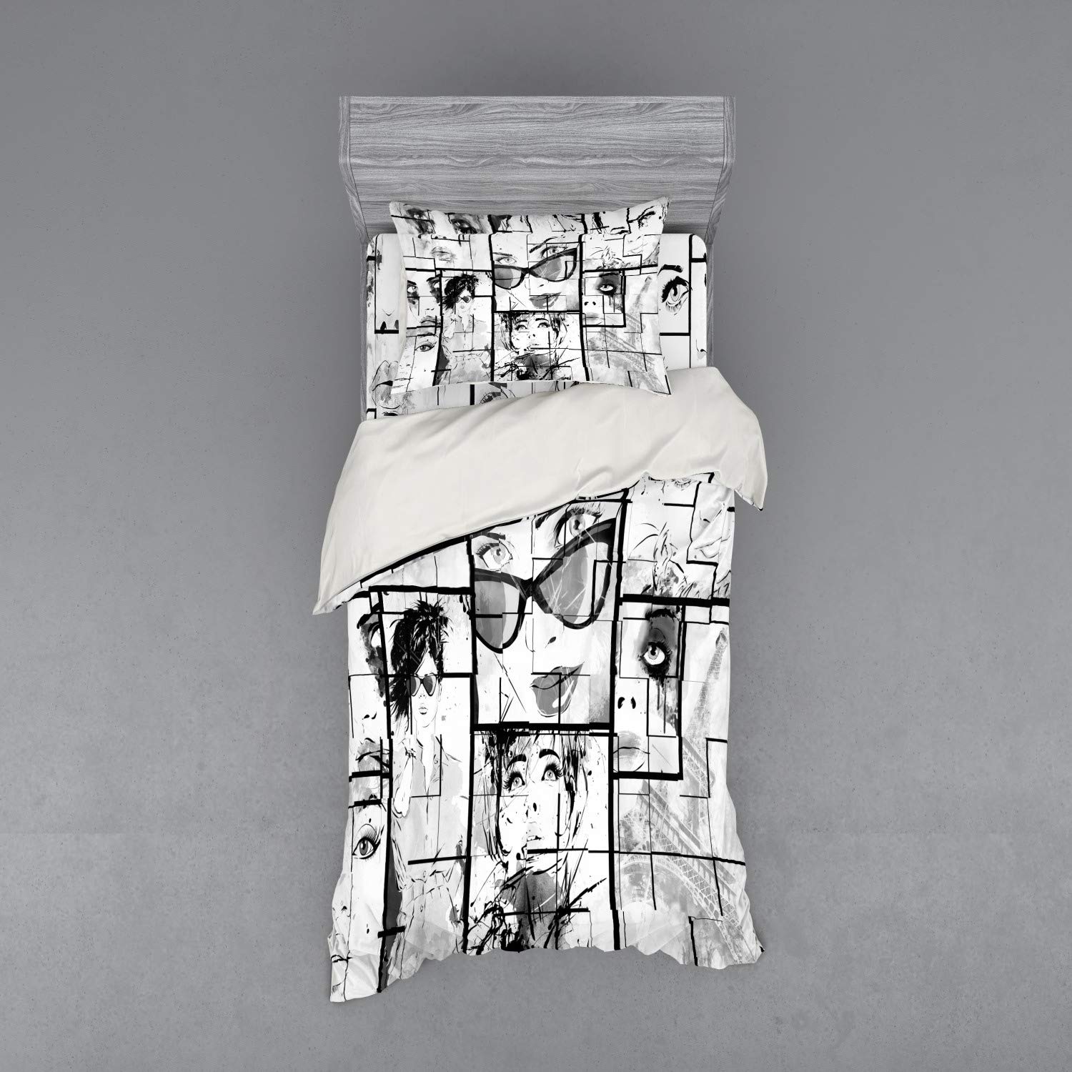 Ambesonne Paris Themed Duvet Cover Set - Monochrome Pop Art Eiffel Tower Design, 3 Piece Bedding Set with Pillow Sham & Fitted Sheet, Twin Size in White Black Grey | Perfect for Romantic Bedroom Decor, French Theme Guest Room & Paris Lover's Home