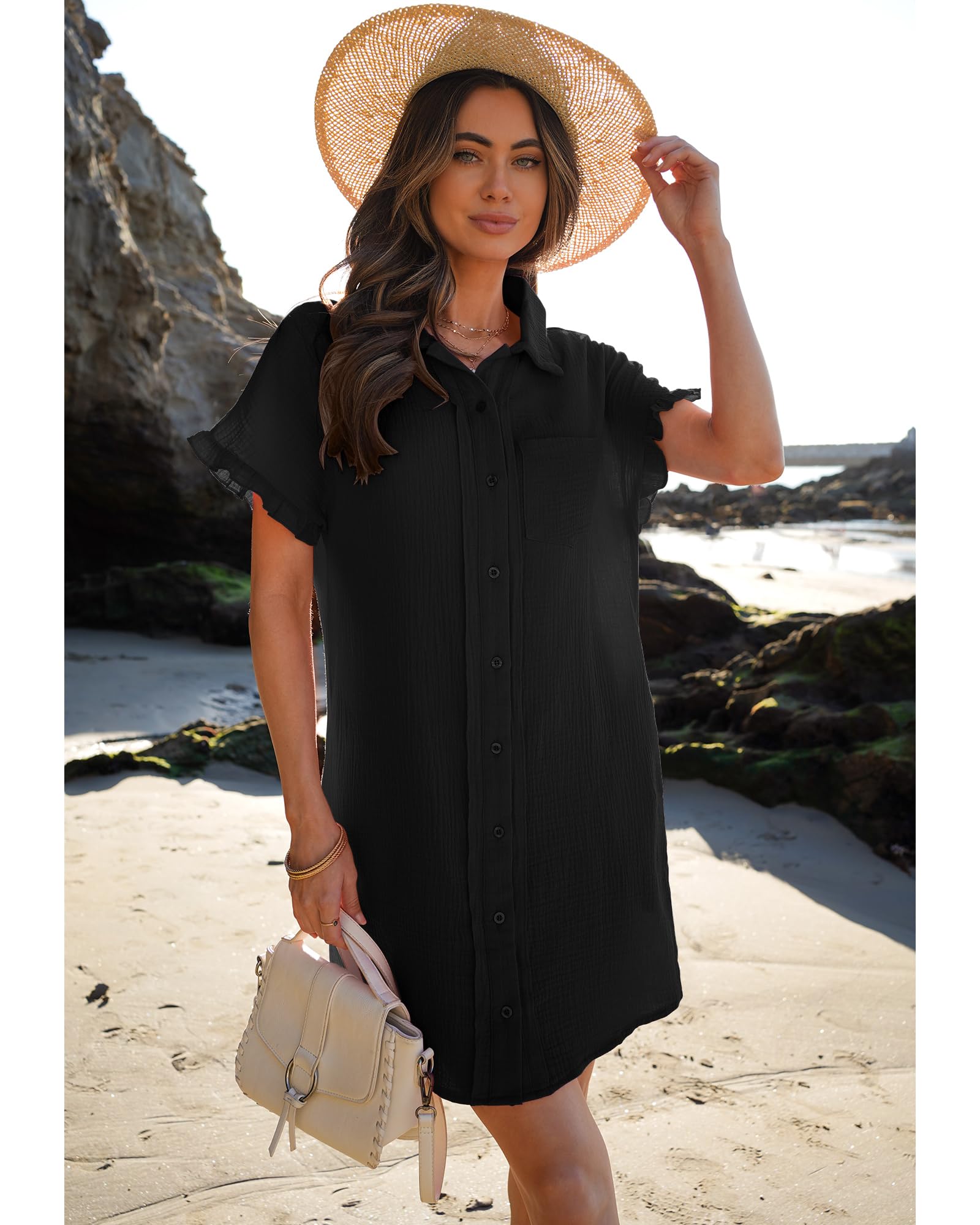 Luvamia Women's Cotton Beach Cover Up Dress - Casual Button Down Shirt Dress with Ruffle Sleeves & Pockets | Summer Swimwear, Vacation Outfit, Poolside Lounge Wear