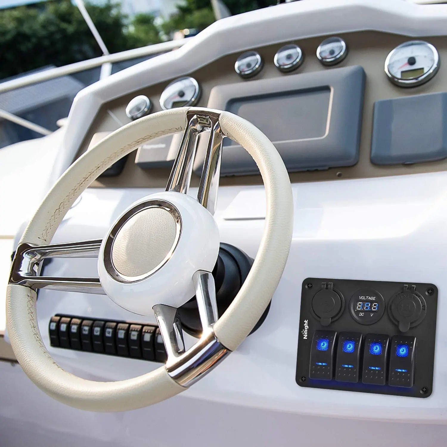 4 Gang ON/Off Blue LED Rocker Switch Panel with Dual USB Ports & 12V Cigarette Lighter Socket - Waterproof Marine Grade for Boats, RVs, Trucks & Off-Road Vehicles - Includes Voltmeter for Battery Monitoring