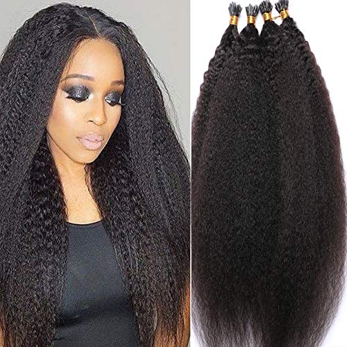Brazilian Kinky Straight I-Tip Hair Extensions 100 Strands - 100% Human Hair, Pre-Bonded, 1g/s, Microlink Hair for Women (30 Inch, Color #1) - Perfect for Volume, Length & Styling for Parties, Weddings & Daily Wear