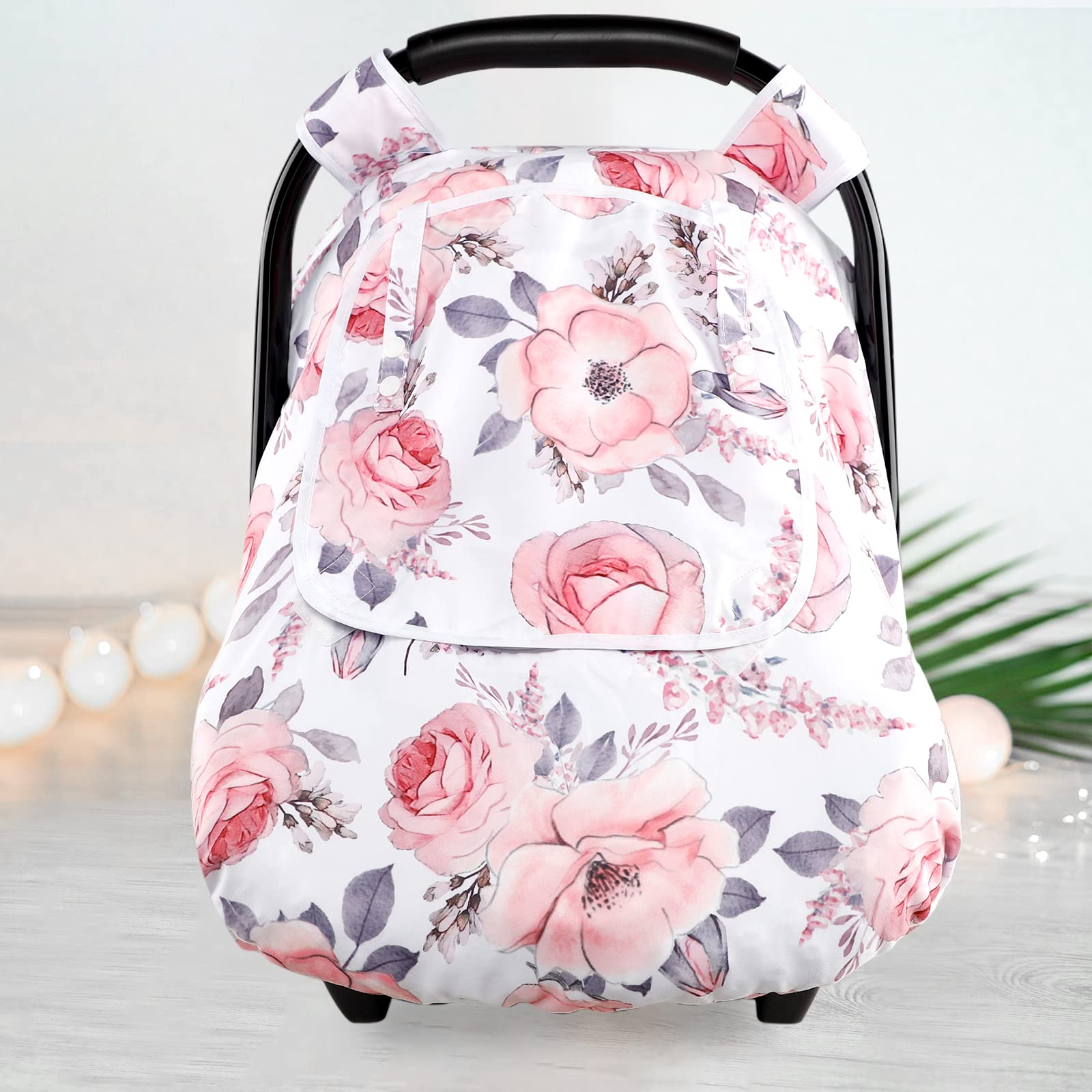 Baby Car Seat Covers - Winter Warm Mink Infant Car Seat Canopy with Pink Floral Design - Cozy & Soft Protection for Girls - Perfect for Strollers, Shopping Trips & Outdoor Adventures