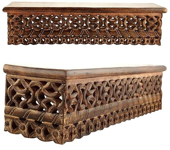 Hand Carved Walnut Wood Wall Shelf - Floating Decorative Shelf for Living Room, Bedroom & Office - Rustic Home Decor for Displaying Photos, Plants & Books
