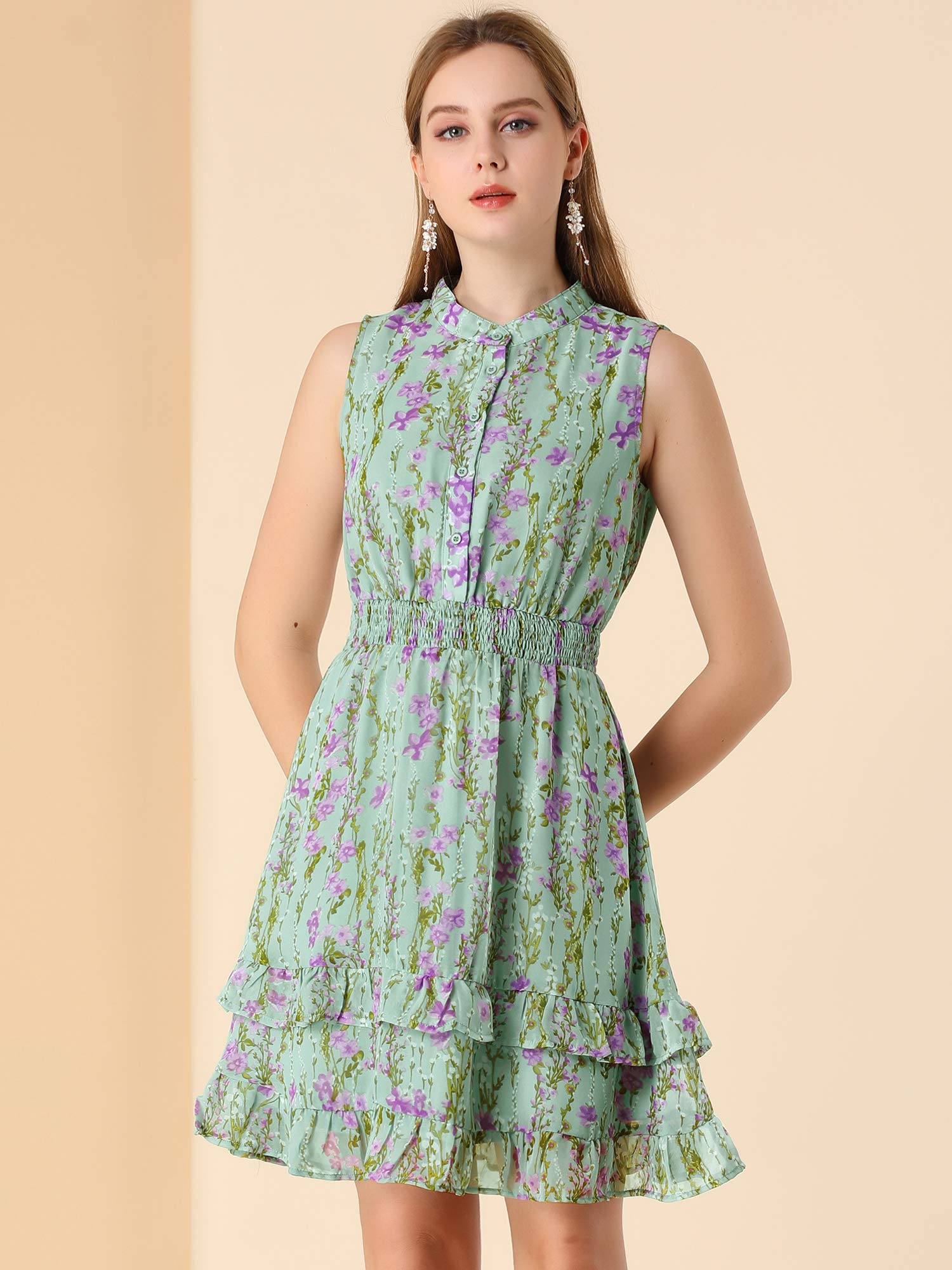 Allegra K Women's Mini Smocked Dress - Sleeveless A-Line Chiffon Floral Summer Dress for Casual Wear, Beach, Party & Date Night