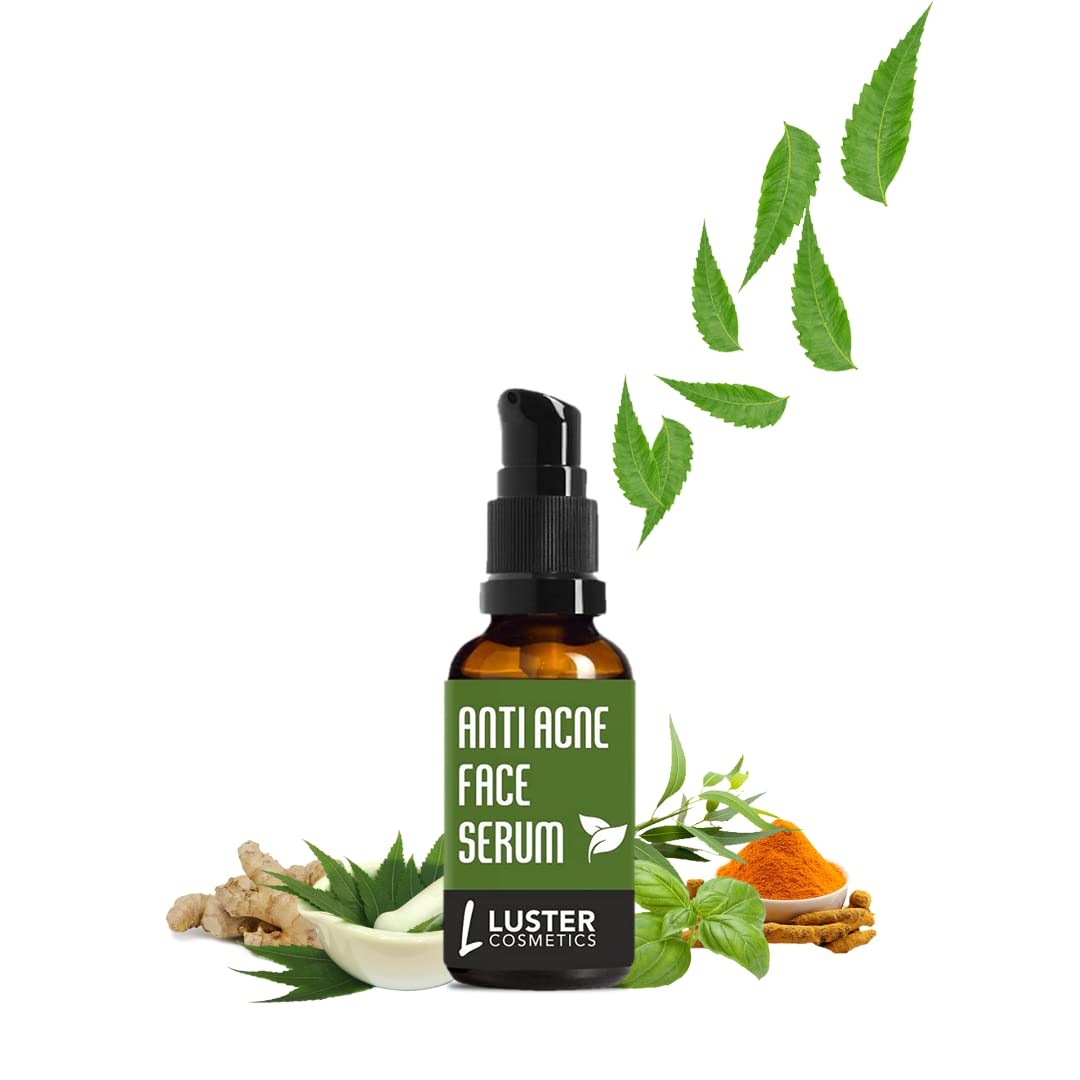 Luster Cosmetics Anti Acne Face Serum with Neem, Ginger, Tulsi, Tea Tree Oil, Turmeric & Aloe Vera | Oil Control & Hydration for Oily & Dry Skin | Acne Treatment for Women & Men | 30ml | Perfect for Daily Skincare & Blemish Prevention