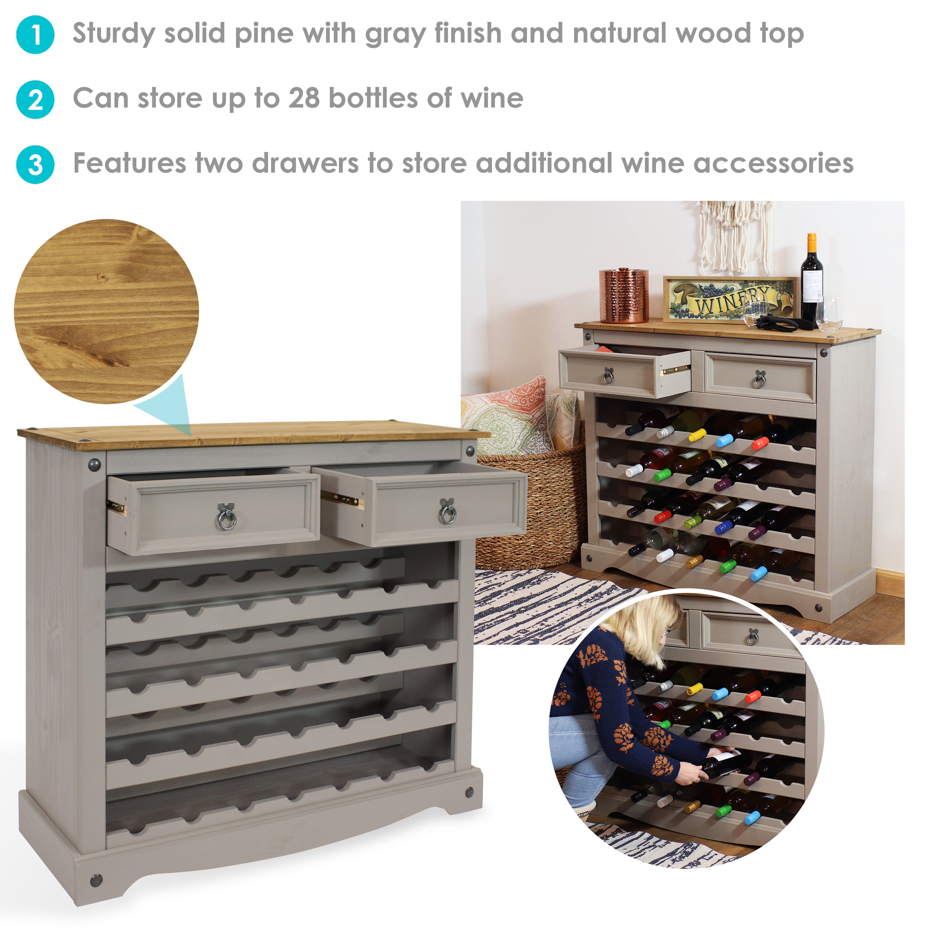 Sunnydaze 28 Bottle Solid Pine Freestanding Wine Rack Table in Gray - 34.5 Inches - Perfect for Dining Room, Kitchen, or Home Bar Storage