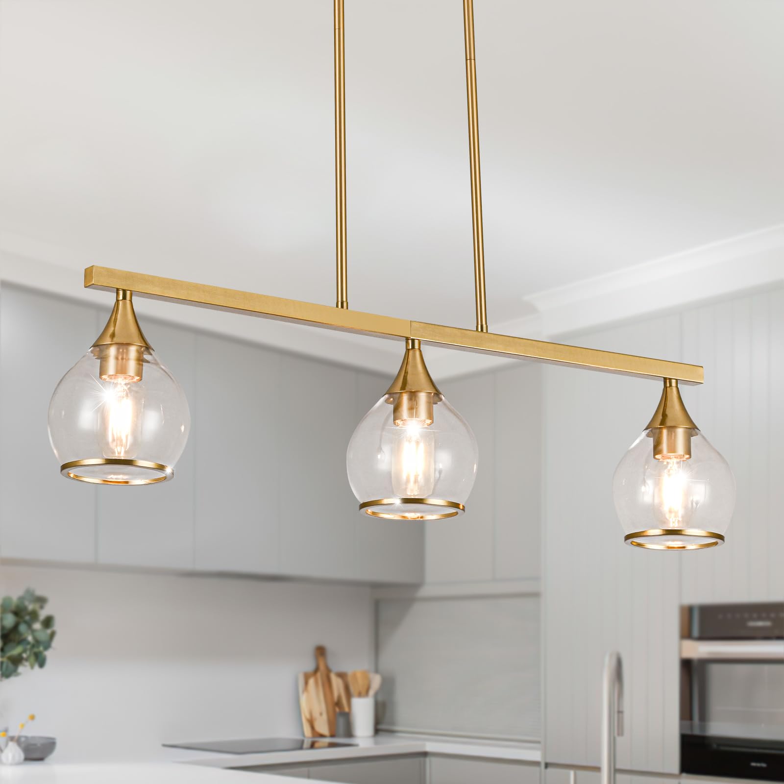 3-Light Gold Kitchen Island Linear Hanging Pendant Chandelier - Brushed Gold Dining Room Light Fixture with Clear Round Glass Shades - Perfect for Kitchen Islands, Dining Tables, and Breakfast Bars