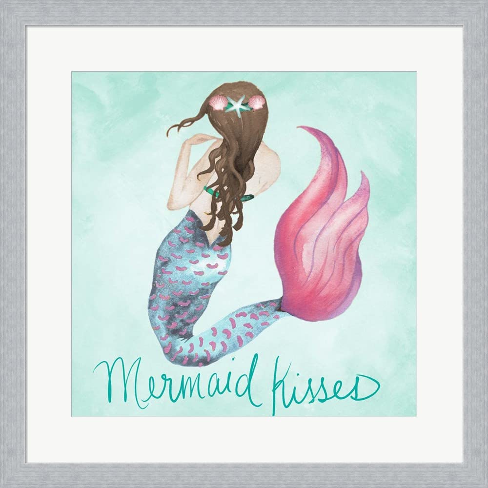 Mermaid Kisses by Elizabeth Medley - 19x19 Inch Framed Art Print with Slim Silver Frame - Coastal Home Decor, Beach House Wall Art, Mermaid Lover Gift