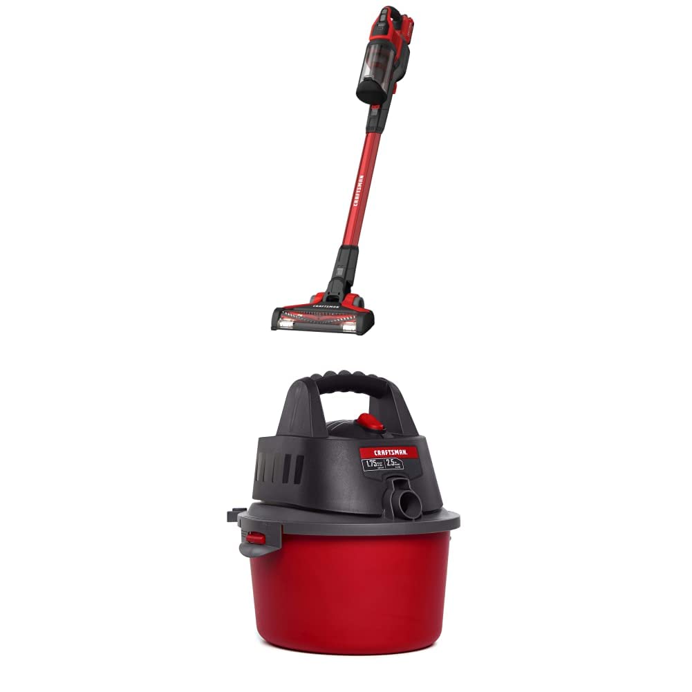 Craftsman V20 Cordless Stick Vacuum Cleaner with Portable Wet/Dry Shop Vacuum - 2.5 Gallon Capacity, 1.75 Peak HP - Ideal for Home Cleaning, Garage, Workshop & Car Detailing