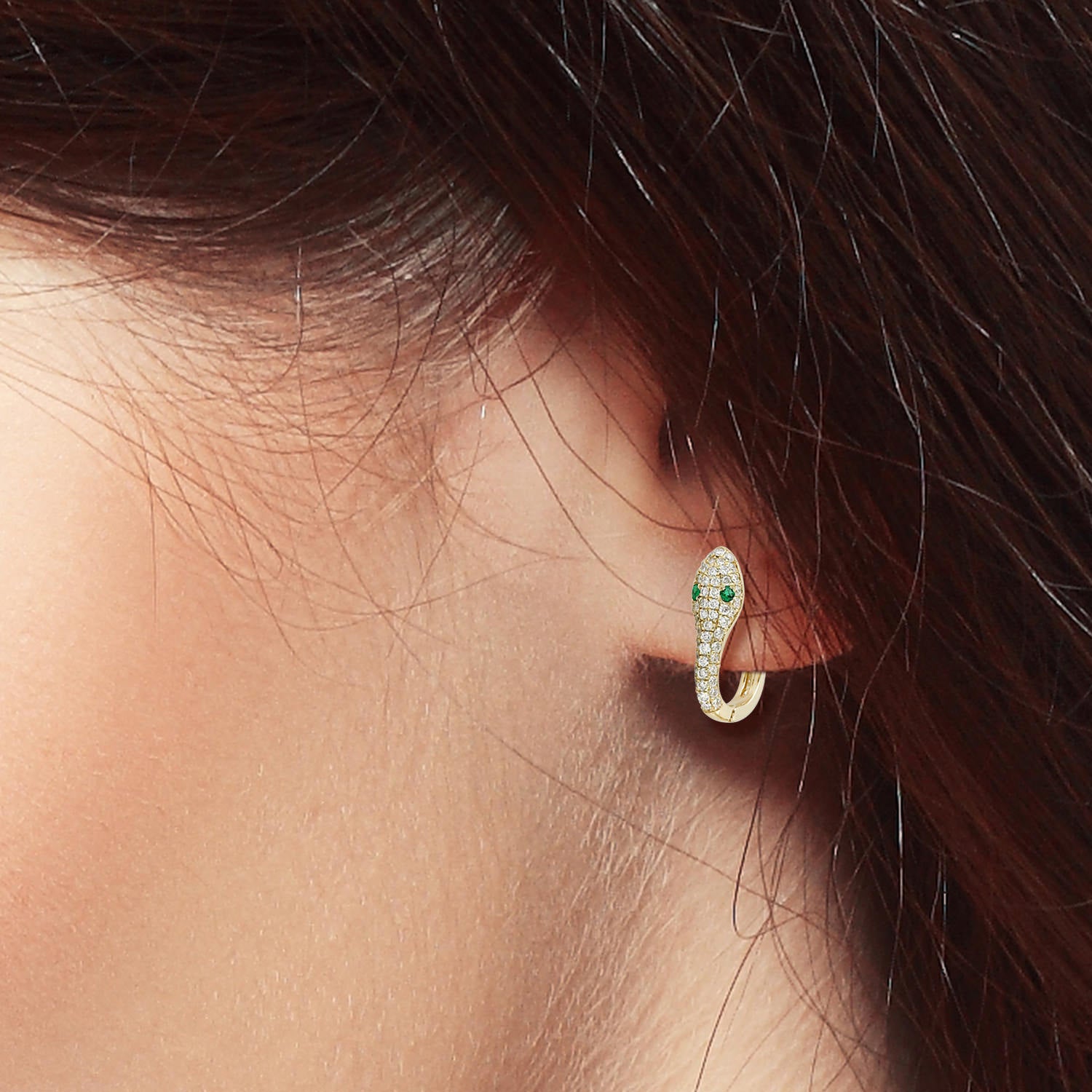 Emerald Gemstone Micro Pave Diamond Snake Design Hoop Earrings in 14K Yellow Gold | Elegant Jewelry for Women, Perfect for Parties, Weddings & Special Occasions