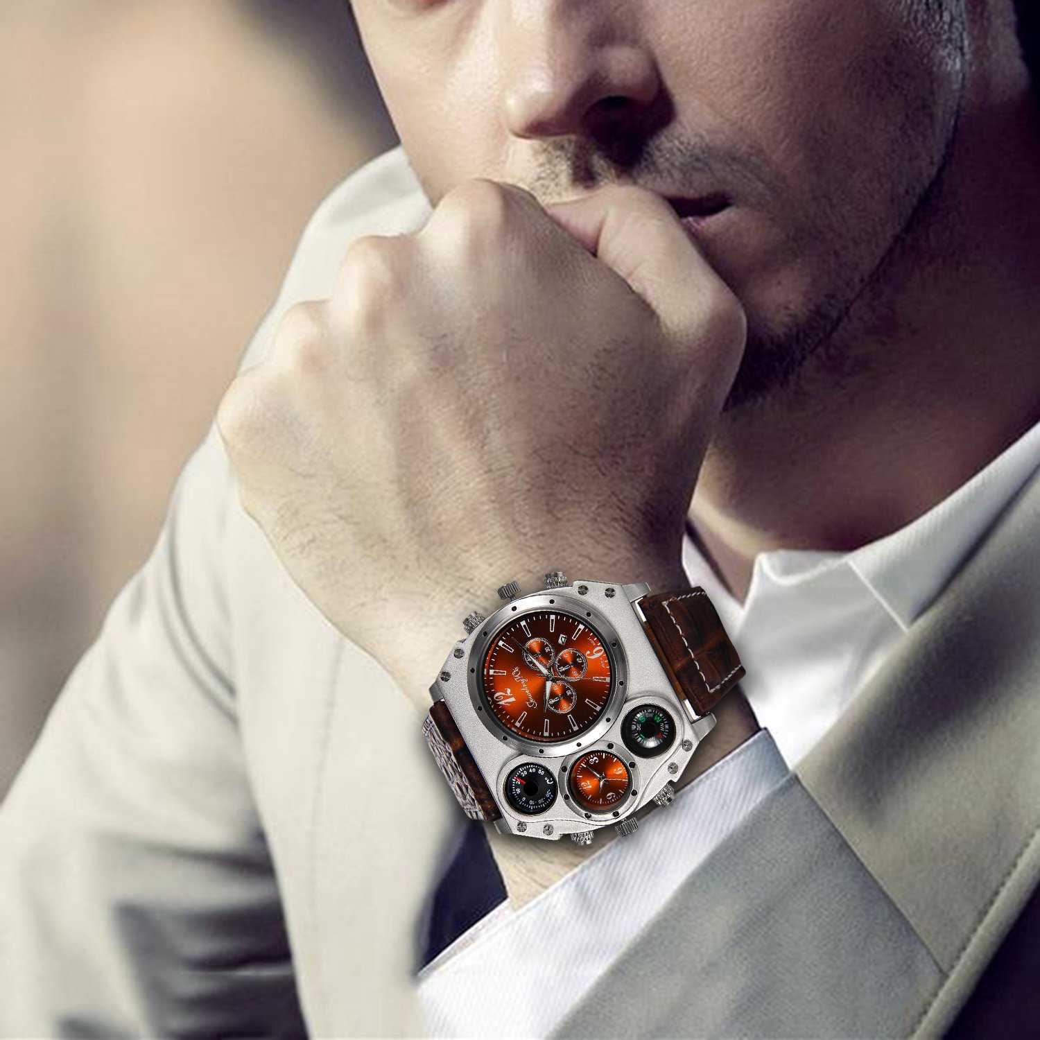 **Men's Military Wrist Watch - Large Face, Dual Time Zone, Brown Leather Strap, Analog Display - Perfect for Outdoor Adventures, Travel & Casual Wear**