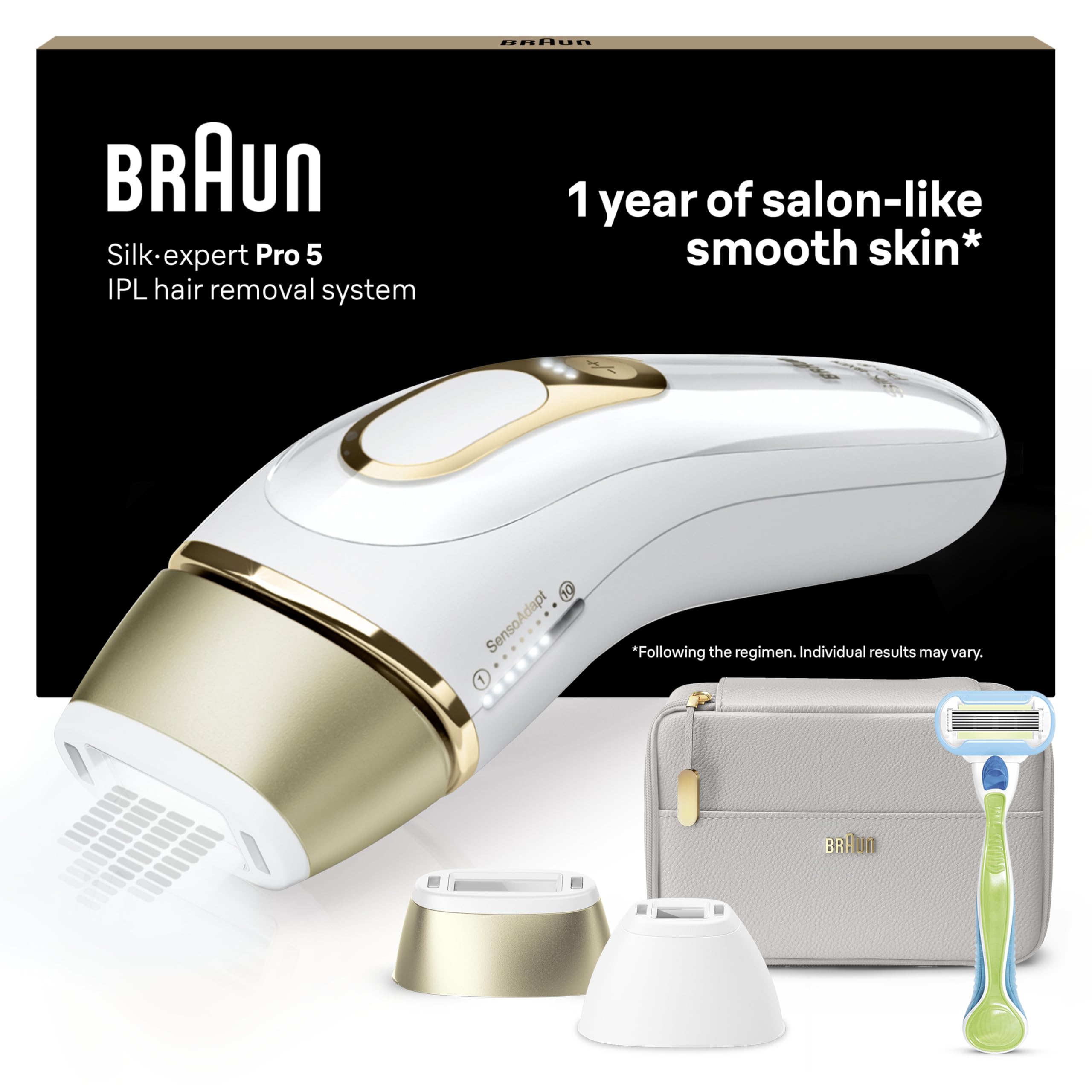 Braun IPL Silk Expert Pro 5 Permanent Hair Removal Device for Women & Men - White/Gold PL5124 with Venus Razor & Precision Head - At-Home Laser Hair Removal Alternative - Perfect for Legs, Underarms, Bikini Line & Facial Hair