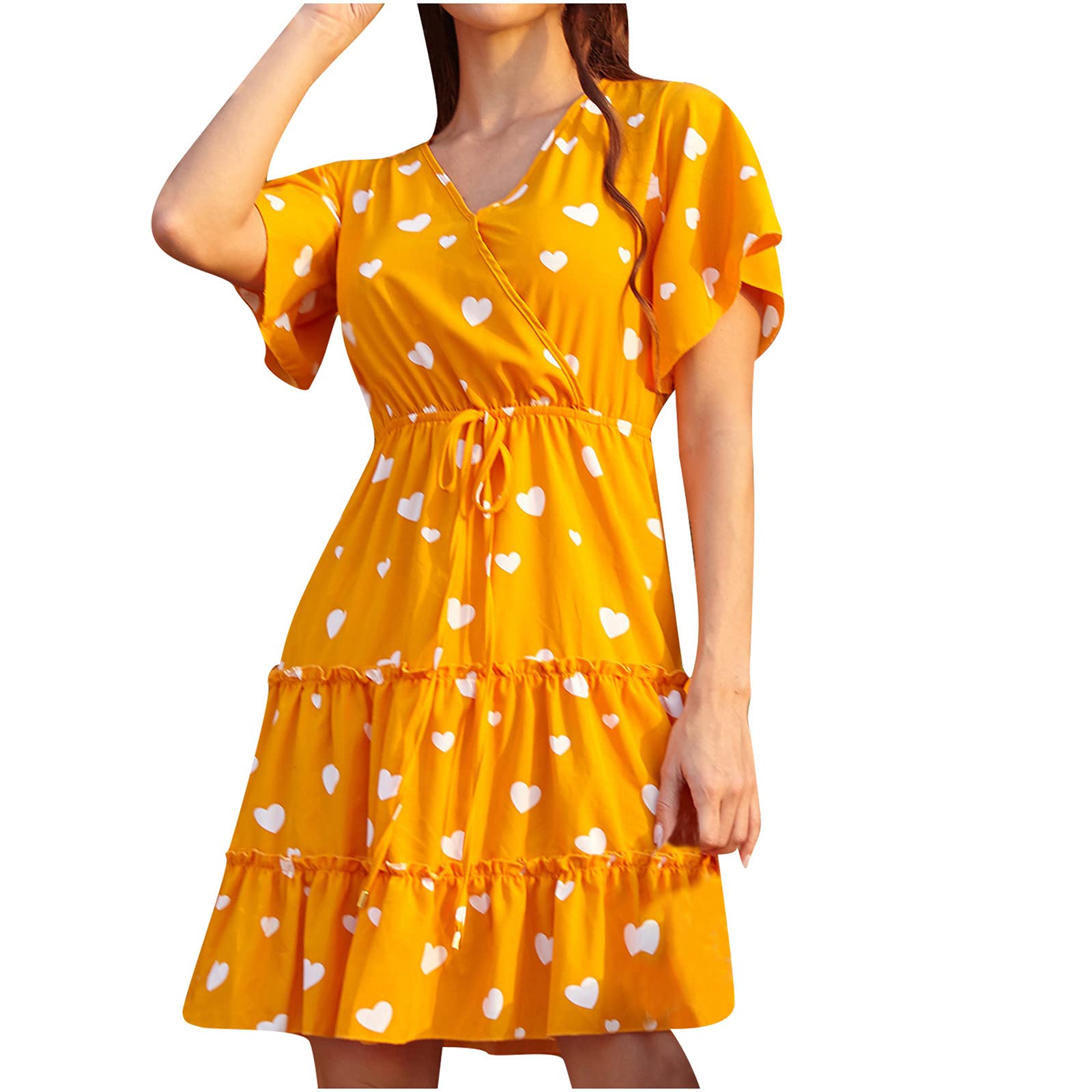Women's Floral Heart Print Long Sleeve V-Neck Knee-Length Dress - Sexy Summer Casual Dress for Women, Perfect for Beach Vacations, Date Nights & Outdoor Parties