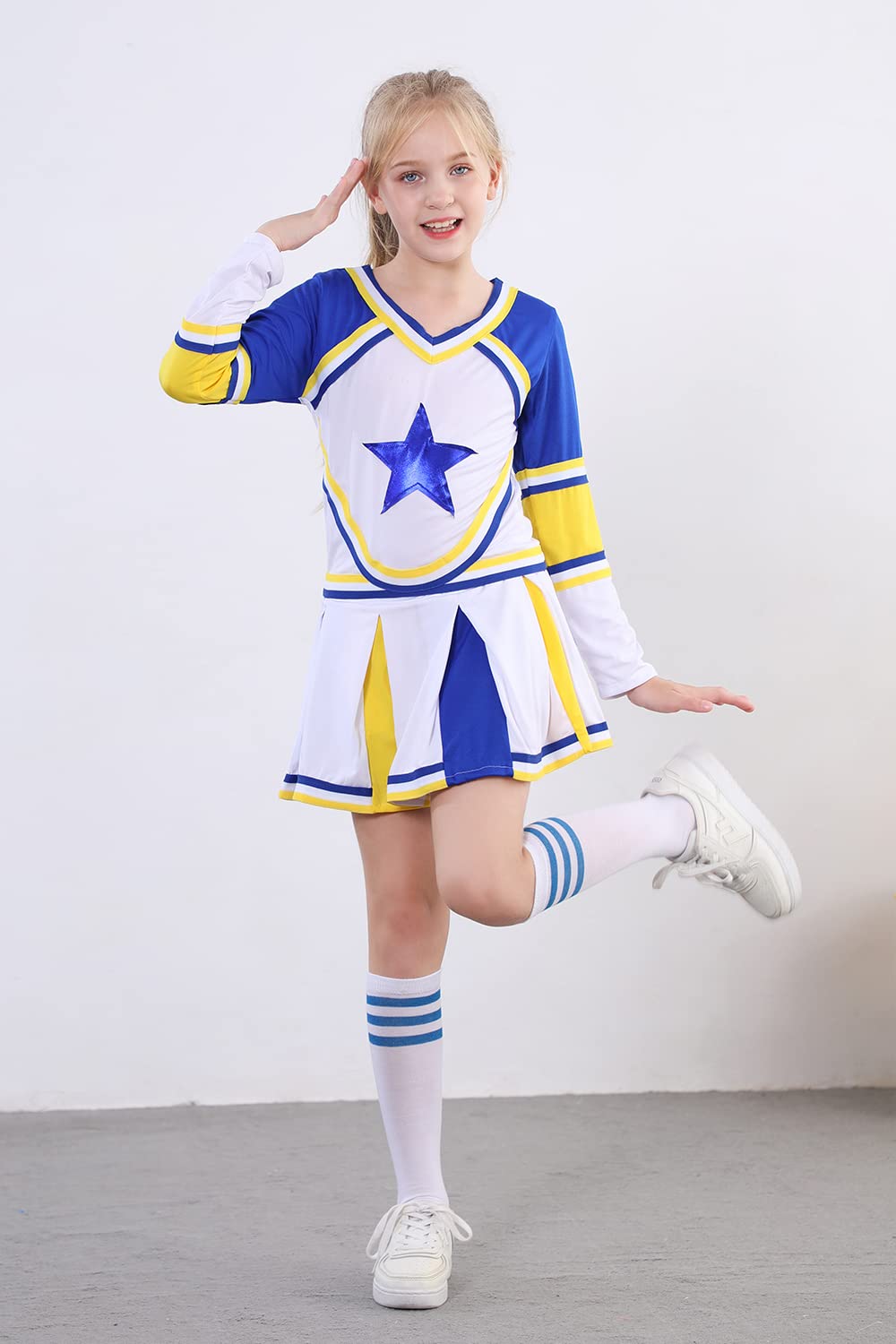 Lontakids Cheerleader Costume for Girls - Cheerleading Uniform Dress Outfit with Stockings & 2 Pom Poms | Perfect for Halloween, Cheer Competitions & School Spirit Events