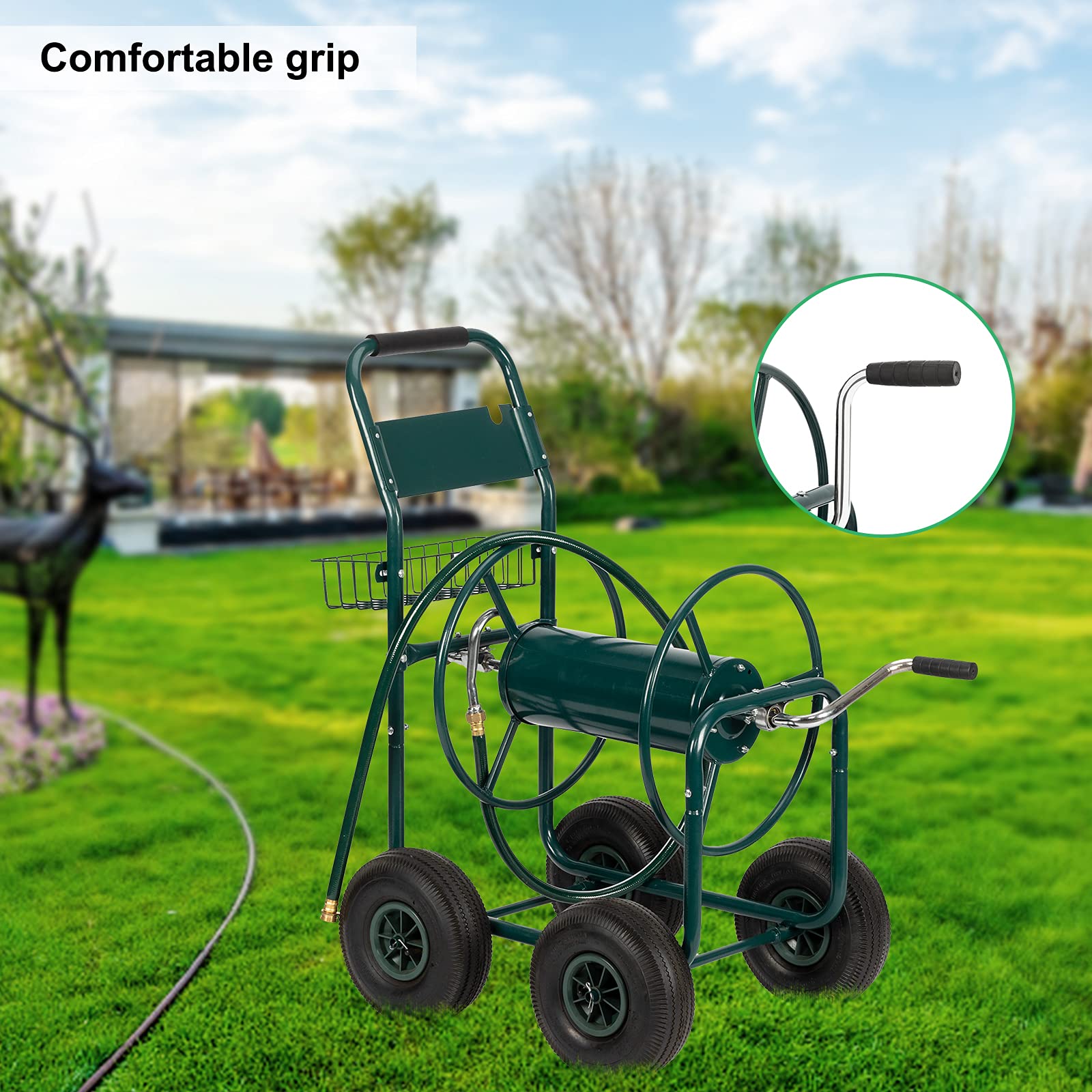 Heavy Duty 4-Wheel Garden Hose Reel Cart with 229ft 5/8