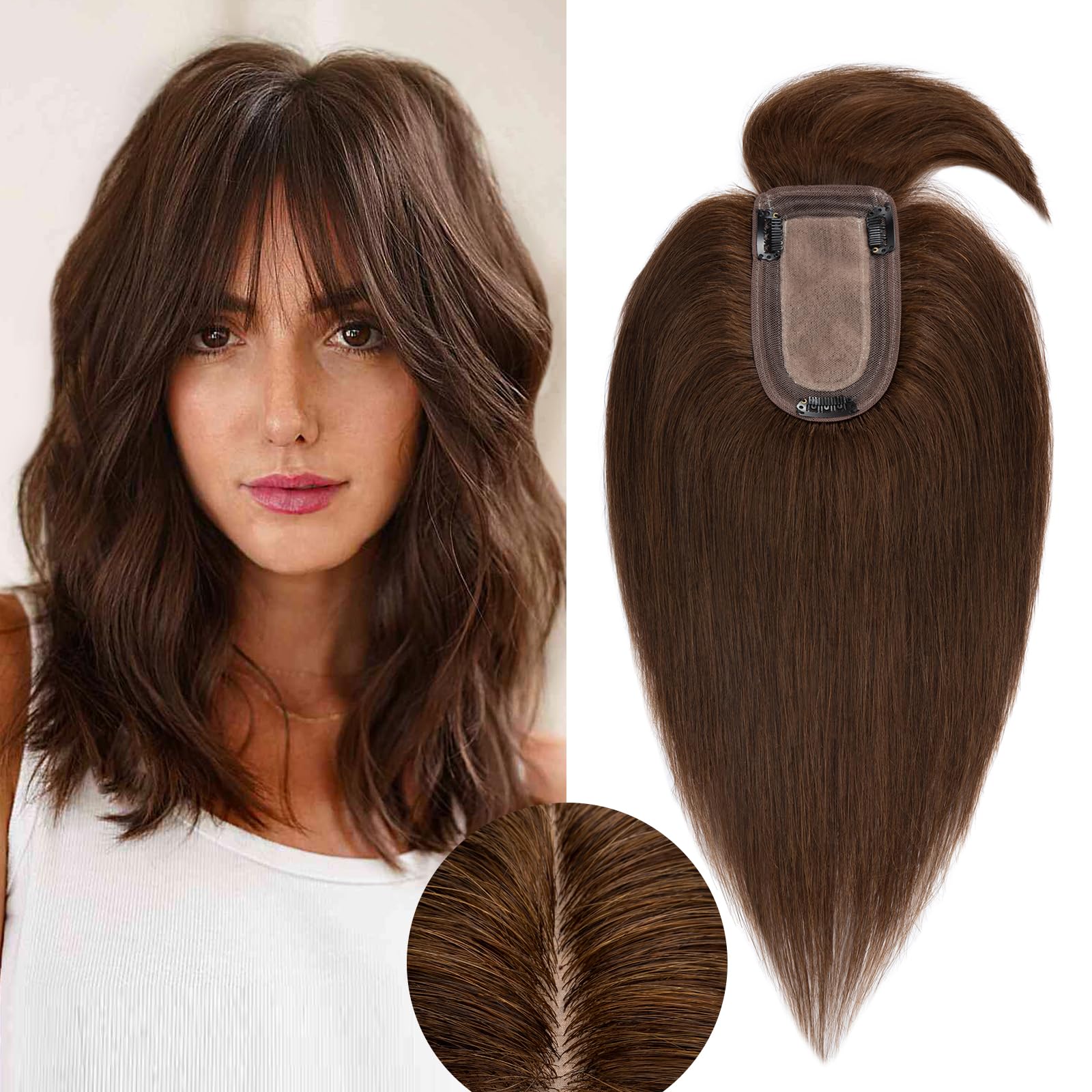 100% Human Hair Toppers for Women with Bangs - 6 Inch Brown Remy Hair Clip-In Topper for Thinning Hair | Natural Look for Daily Wear, Parties & Special Occasions