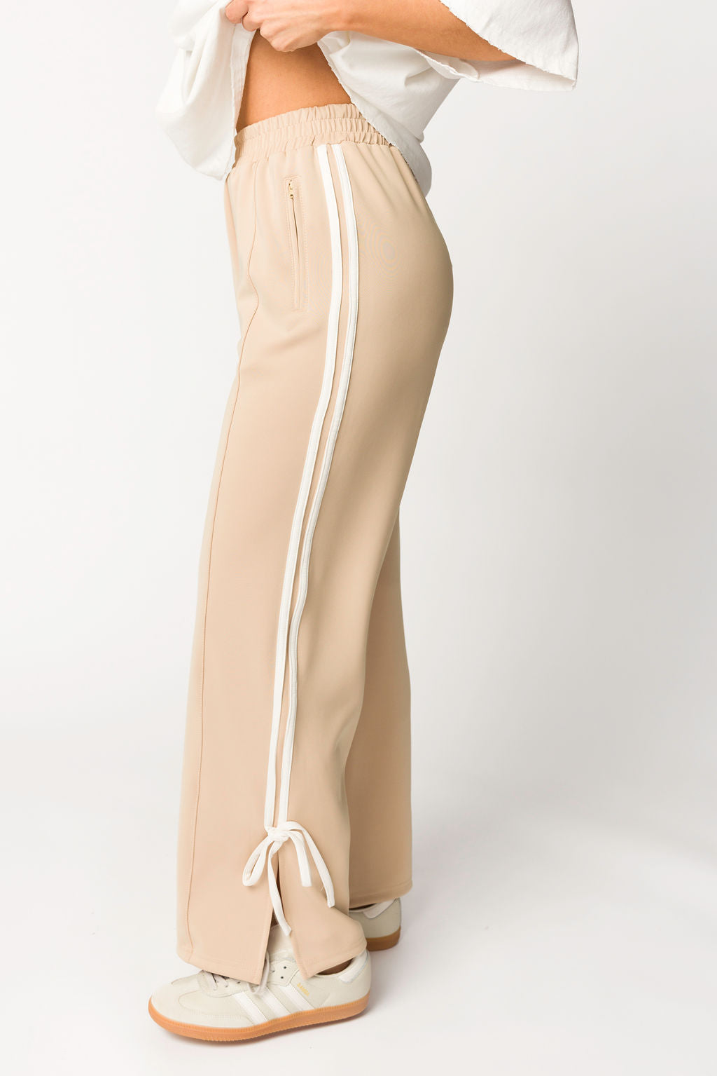 Women's Murphy Track Pants with Bow Detail - Comfortable Taupe/White Athletic Pants for Yoga, Running & Lounge Wear