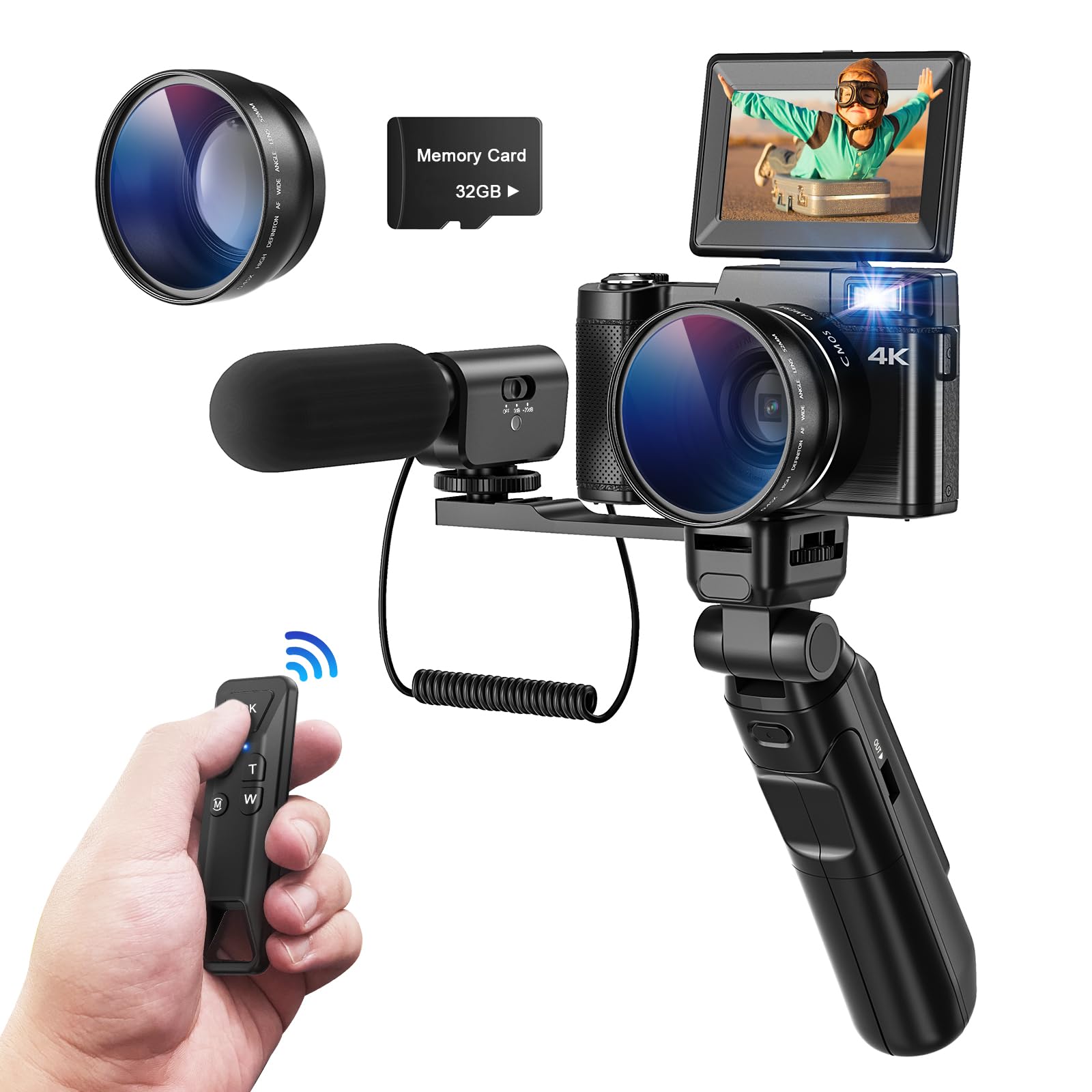 4K 48MP Digital Camera with 180° Flip Screen, 16X Zoom, Wide Angle & Macro Lens, Tripod, Mic, Remote - Perfect for Vlogging, Travel & Photography (32GB TF Card, Black)