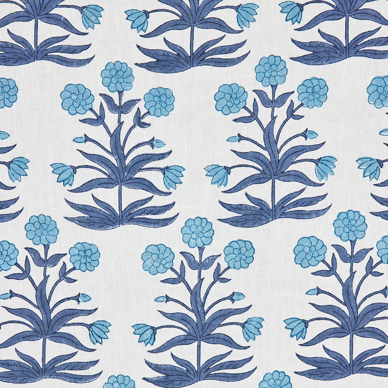 Handmade Mughal Block Printed Linen Fabric - Sky Indigo Blue - Premium Cotton Linen Blend for Boho Home Decor, Dresses & DIY Crafts