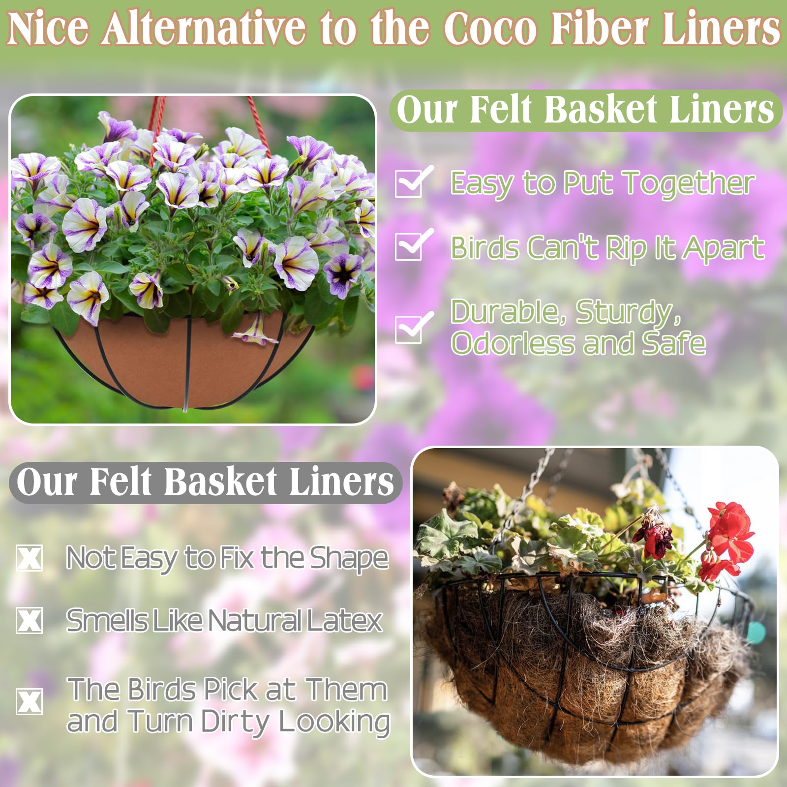 Halatool 2-Pack 12 Inch Round Felt Hanging Basket Liners - Breathable Fabric Planter Basket Liner for Flowers & Plants | Coco Liner Alternative | Bird Nesting Deterrent | Perfect for Indoor/Outdoor Hanging Baskets, Balconies & Garden Decor