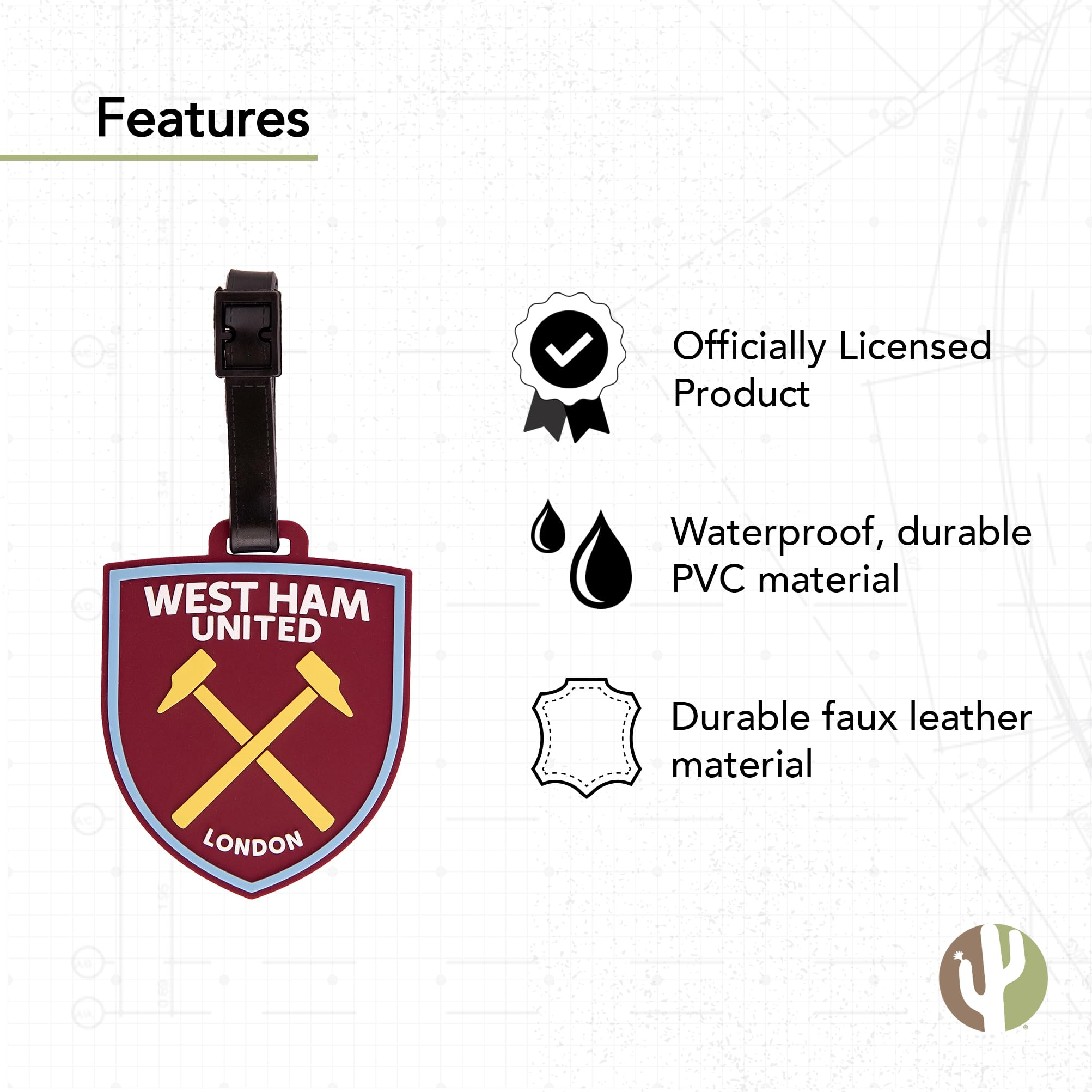 West Ham United Cactus Design Durable PVC Luggage Tag - Soccer Football Travel ID Label for Bags, Backpacks & Suitcases - Perfect for Fans Traveling to Matches & Vacations