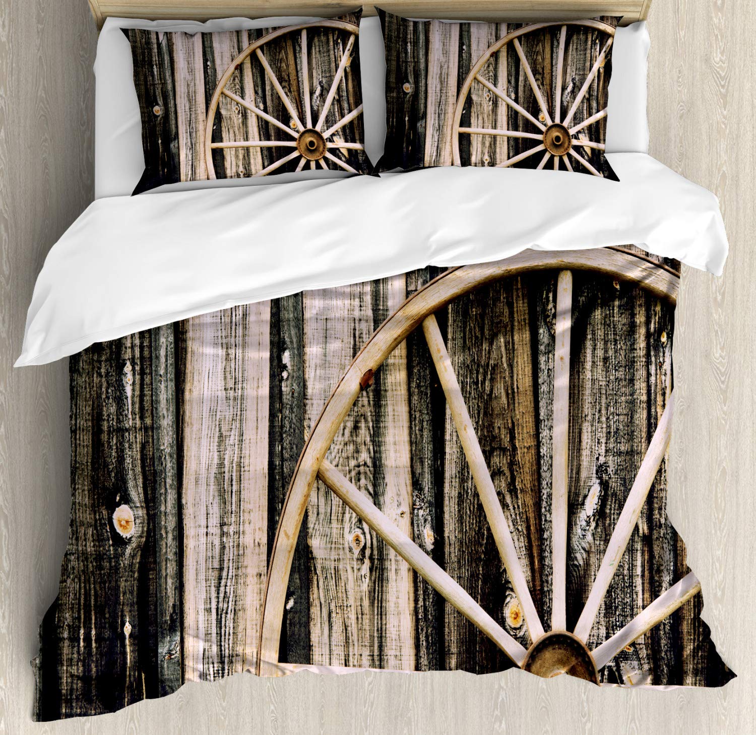 Ambesonne Rustic Barn Wood Wagon Wheel Duvet Cover Set - King Size 2-Pack with 2 Duvet Covers & 4 Pillowcases - Vintage Wooden Barn Door & Rusty Wheel Design in Black & Pale Brown - Perfect for Farmhouse, Country, or Western Themed Bedrooms